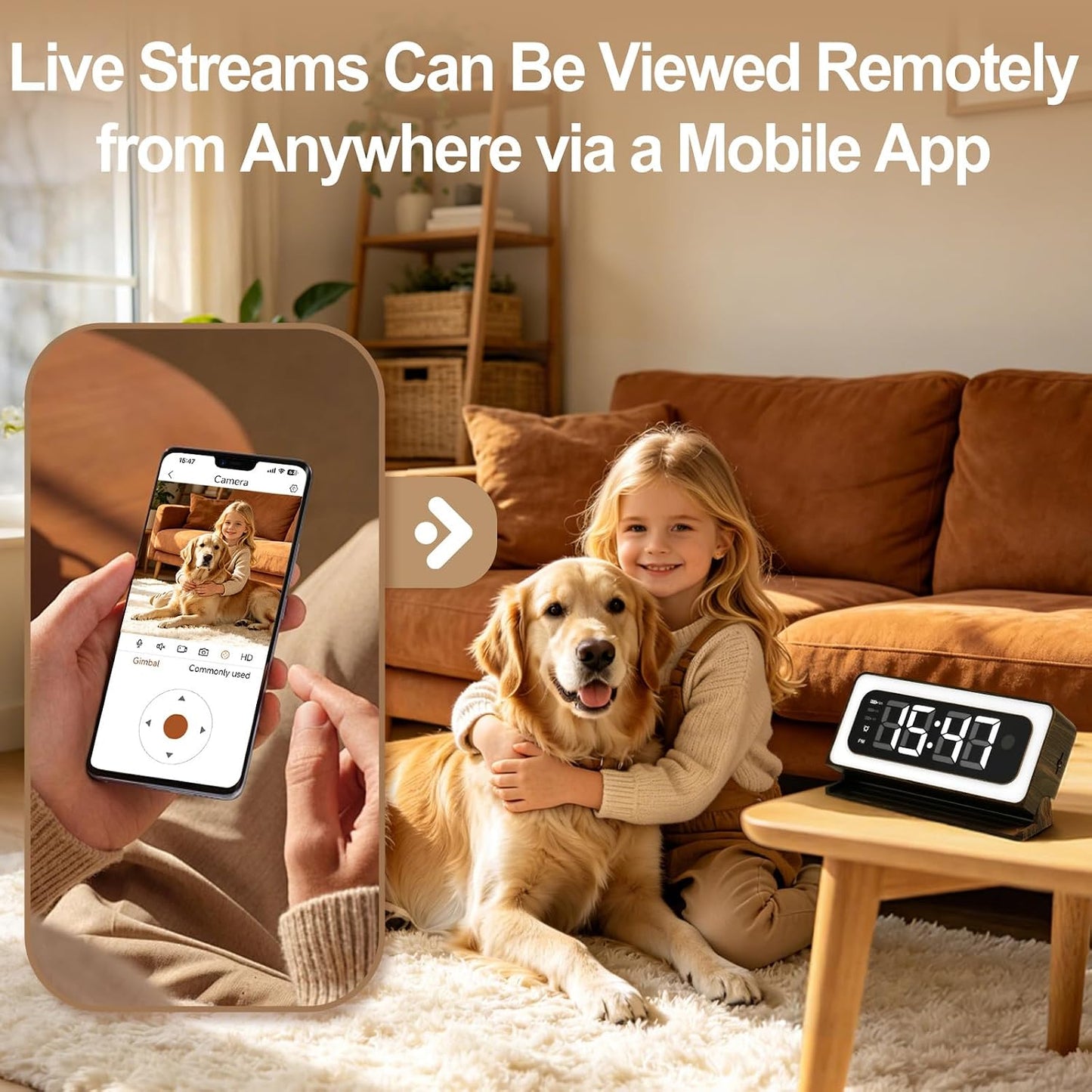 Clock Camera,Wood Grain,5G/2.4GHz WiFi Nanny Cam w/Alarm,2K Indoor Secuirty Camera,Color Night Vision,Dimmable Night Light, AI Human Detection,5200mAh Rechargeable Battery,SD & Cloud Storage,Pet,Baby