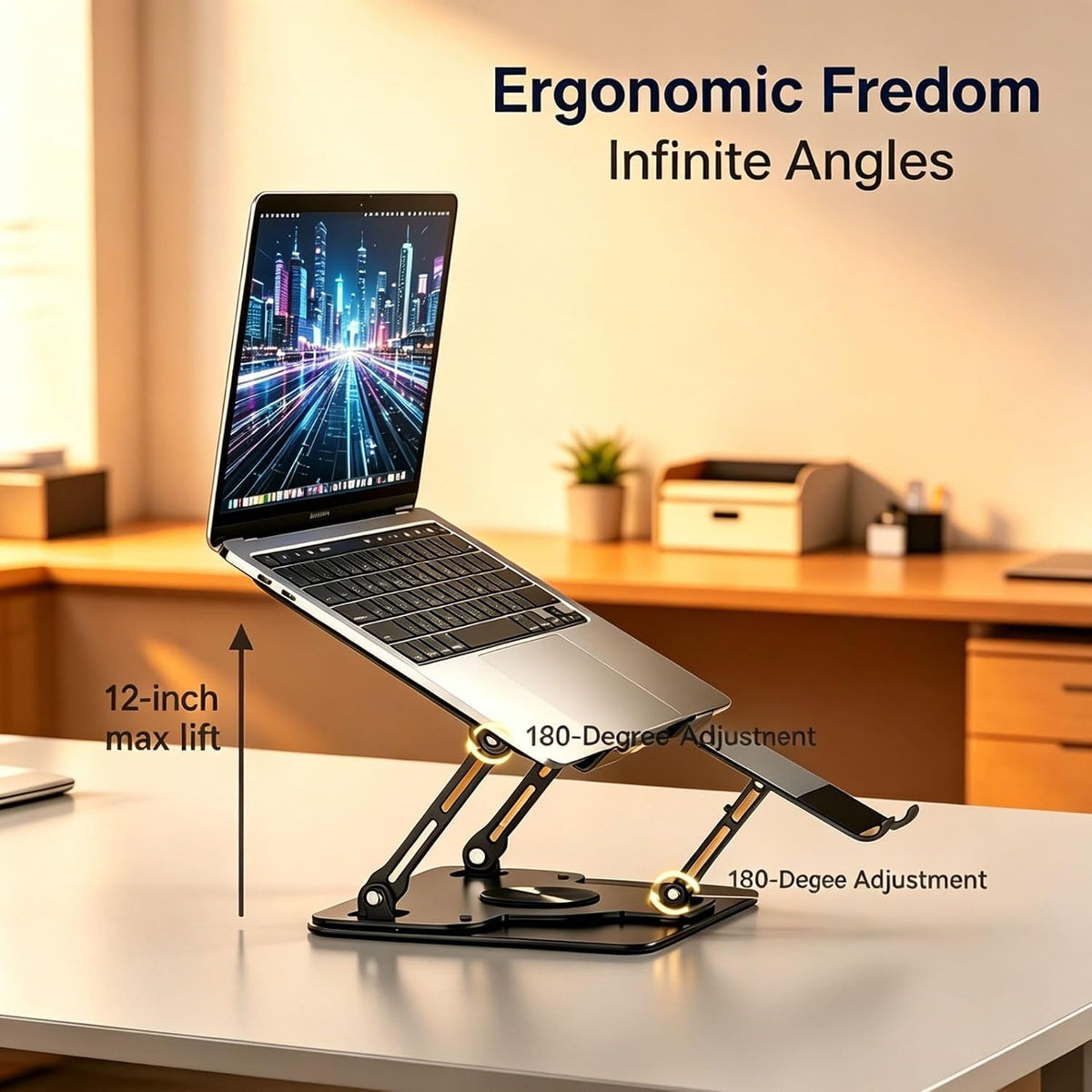 Laptop Stand for Desk with Quiet Cooling Fans - 2-in-1 Rotating Base with Phone Holder, Ergonomic Computer Stand, Aluminum Laptop Riser Foldable for Office Home fits MacBook Air Pro, Dell, HP (silver)