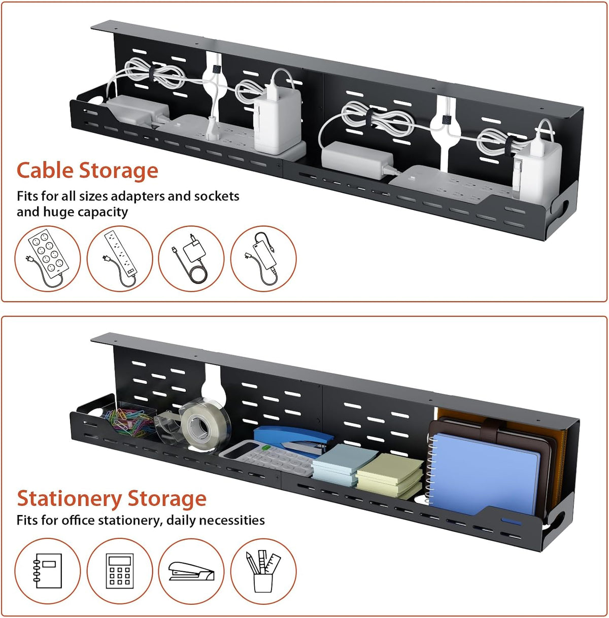 Univivi Under Desk Cable Management Tray - 32" Steel Cord Organizer, No-Drill C-Clamp & Screw Mount for Office/Home, Effortless Wire Management (Black)