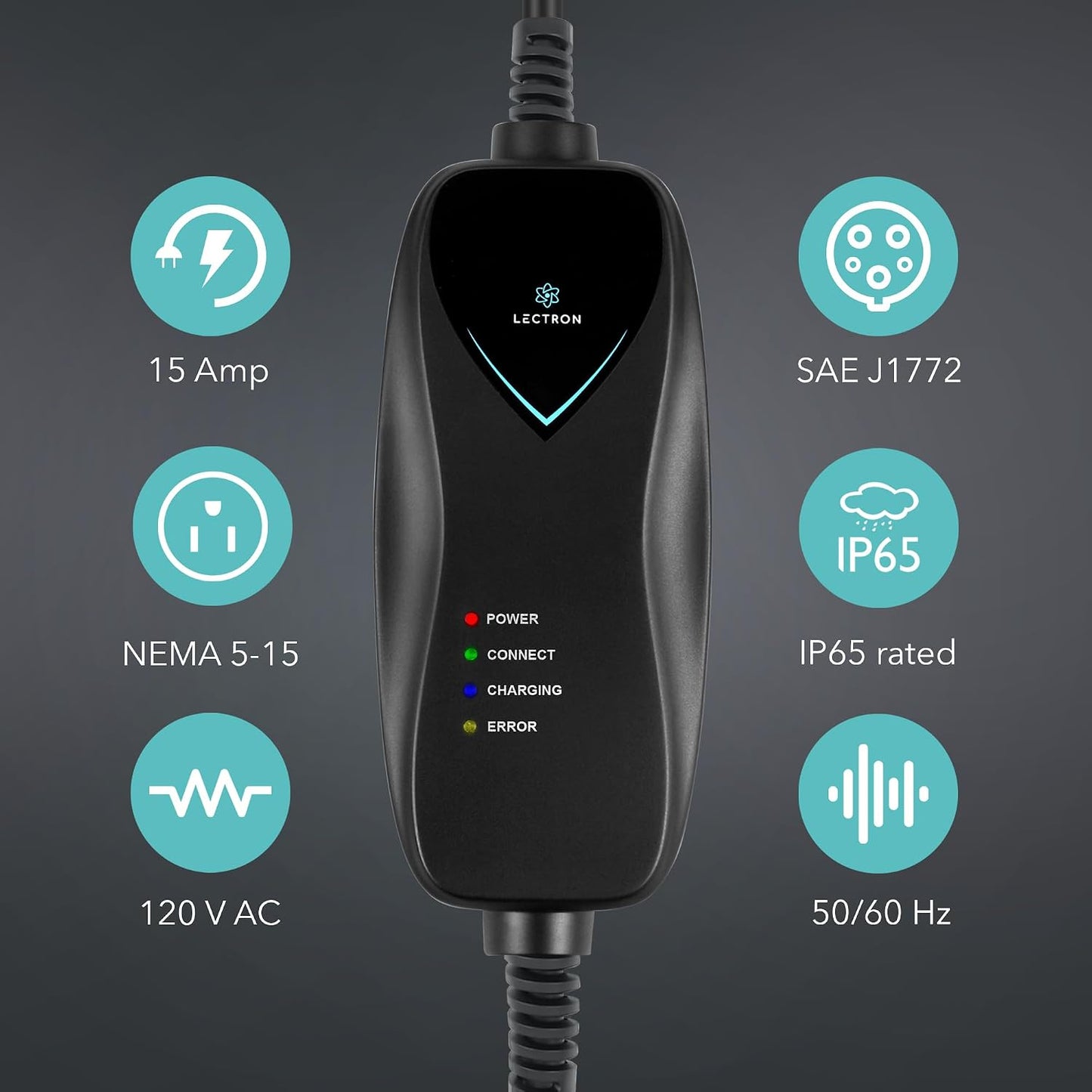 Lectron Level 1 EV Charger - ETL Certified, 110V, 15 Amp, 16 ft Extension Cord & J1772 Cable - Portable Electric Car Charger for J1772 EVs with NEMA 5-15 Plug