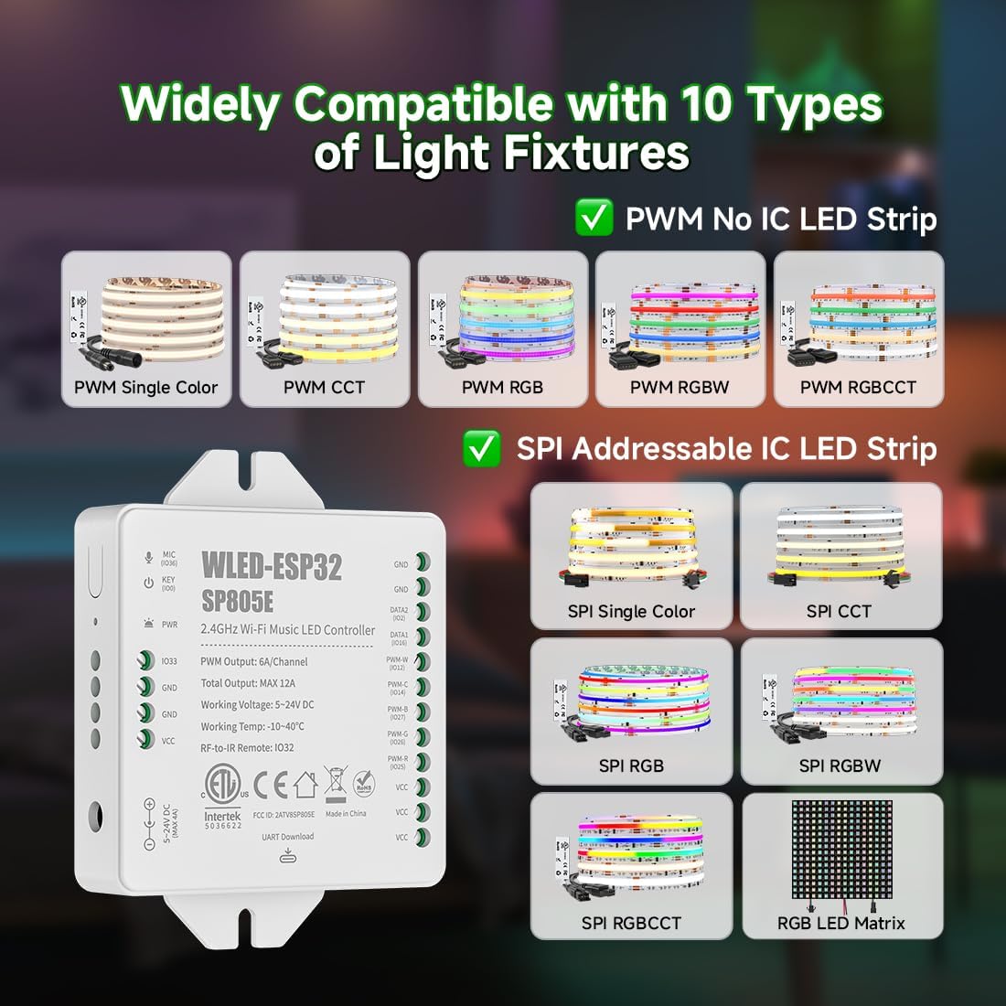 BTF-LIGHTING SP805E WLED LED Controller ESP32 with Mic, WiFi APP Control | For WS2812B WS2811 SK6812 WS2814 LED Strip/Matrix & PWM Dim CCT RGB RGBW RGBCCT LED , 2 SPI Channel, USB-C UART, DIY Lights