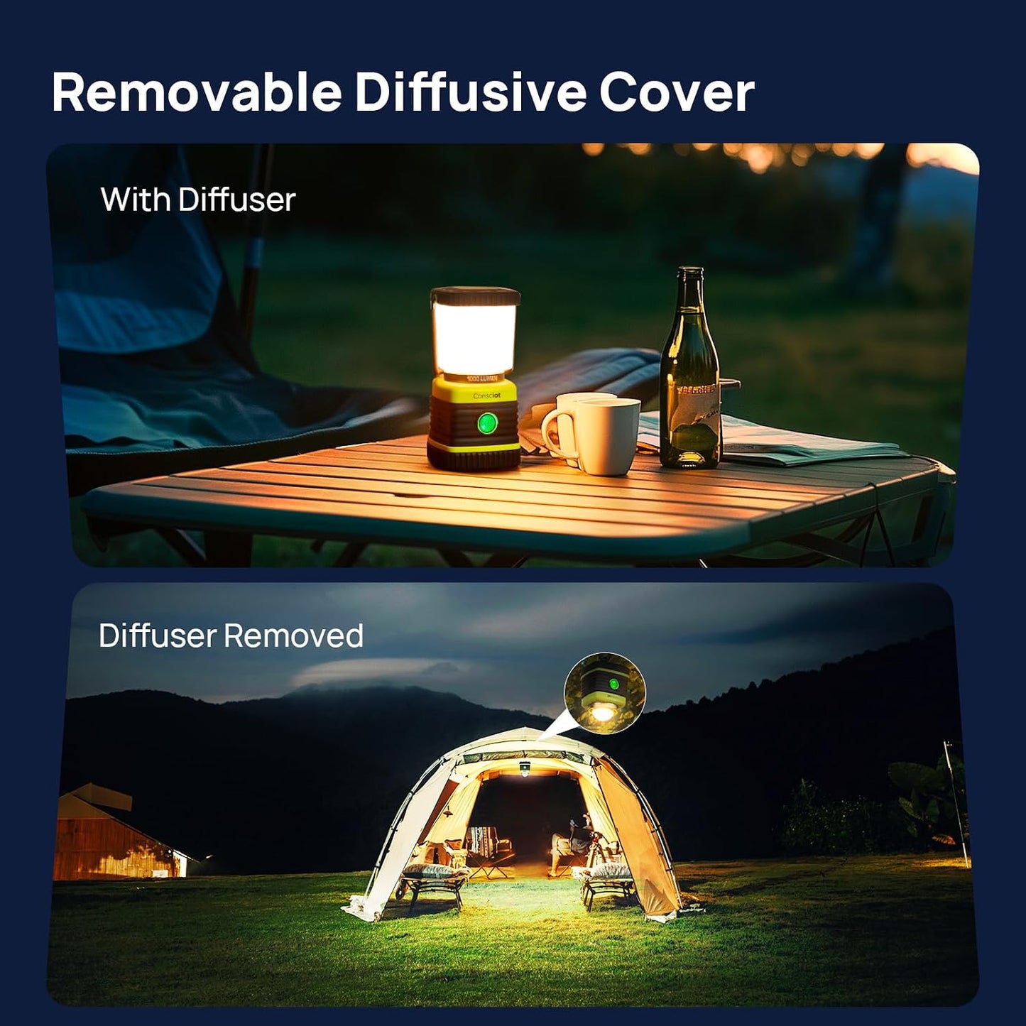 Consciot 1000LM LED Camping Lantern Rechargeable, 4 Light Modes, Dimmable | 4400mAh Portable Battery Pack, IPX4 Waterproof Tent Lights, Flashlight for Emergency, Power Outages, USB C Cable Included
