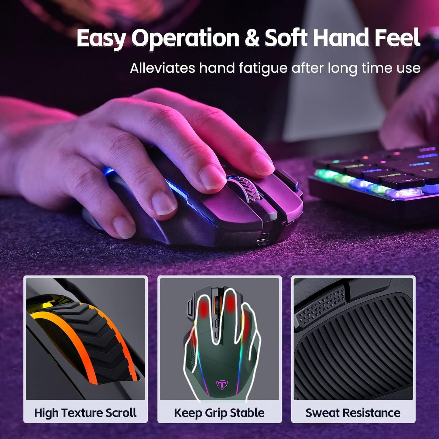 RisoPhy Wireless Gaming Mouse, 3-Mode 2.4G/USB-C/Bluetooth with RGB Backlit | 6 Level 10000DPI, Ergonomic Design, 8 Programmable Buttons, 58H Capacity Rechargeable, Computer Mouse for PC/Mac/Laptop