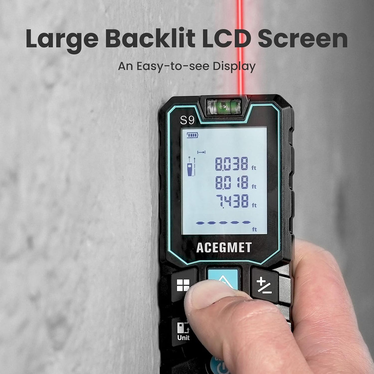 S9 229ft/70m Laser Measuring Tool, LCD Backlit Display | 2 Bubble Levels, LCD Backlit Display, IP54 Waterproof, Pythagorean Mode, Ft/in/M Units for Distance, Area, Volume