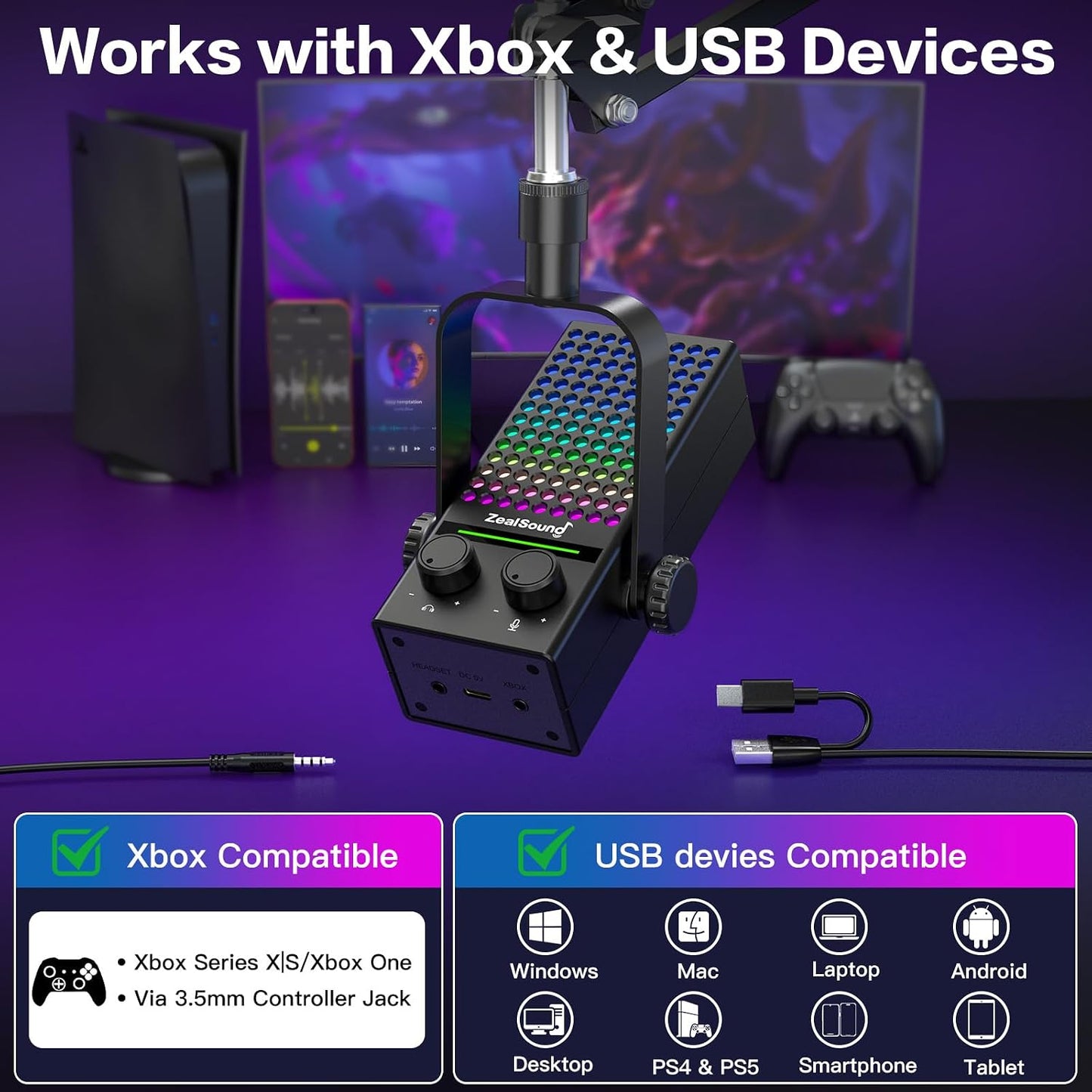 ZealSound Gaming Microphone for Xbox with Boom Arm, USB Microphone for PC Mac iPhone & Android, Noise Reduction, One-Tap Mute, Gain Control, Zero-Latency Monitoring for Gaming, Streaming, Podcasting