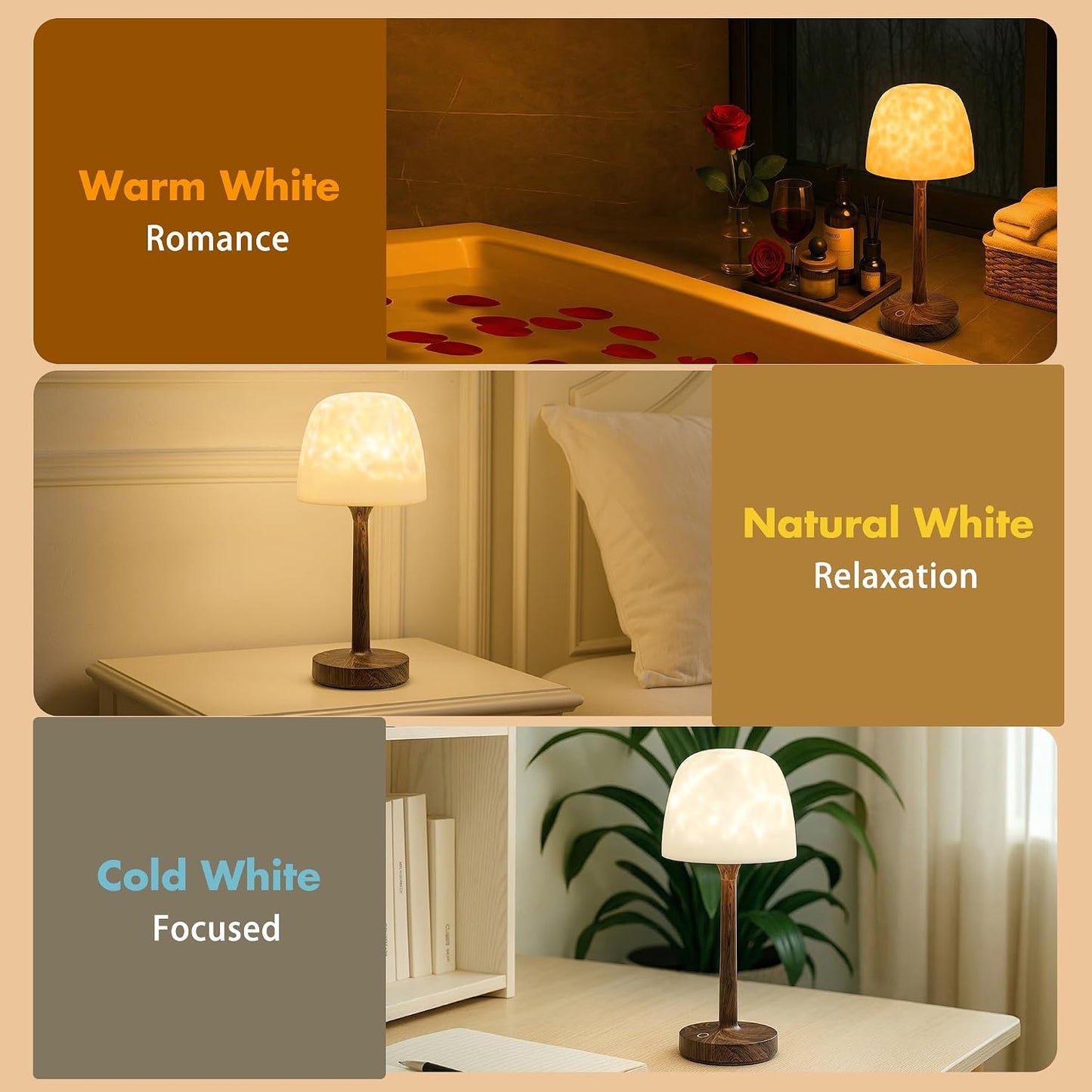 Waterproof Shower Lamp, Bathroom Lamp with Ocean Wave Projector Walnut Wood | Spa-Like Rechargeable Shower Light with Remote&Touch Control Dimmable,16 RGB Color, Cordless Mood Light for Inside Showe