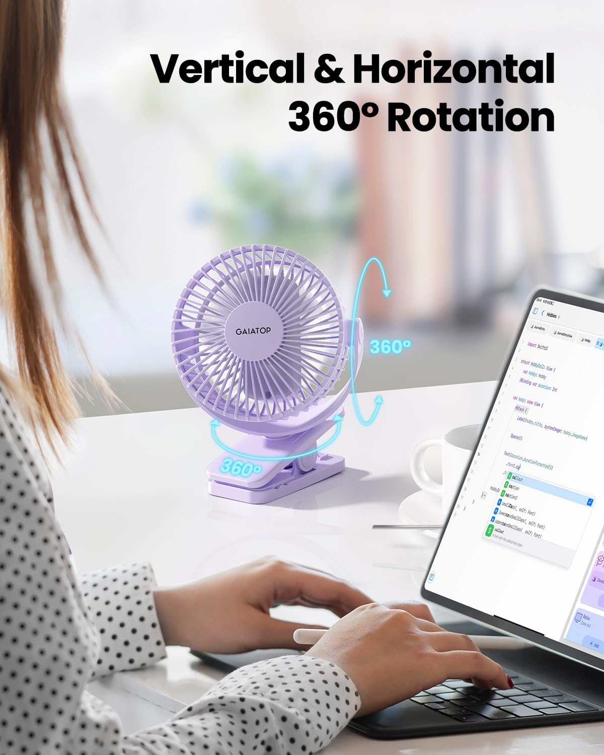Gaiatop Portable Clip on Fan, Mini Personal Rechargeable Fan | Battery Operated, Small 3 Speed Quiet 360° Rotate, Cooling for Desk Table Home Office Stroller Camping Women Gifts Purple