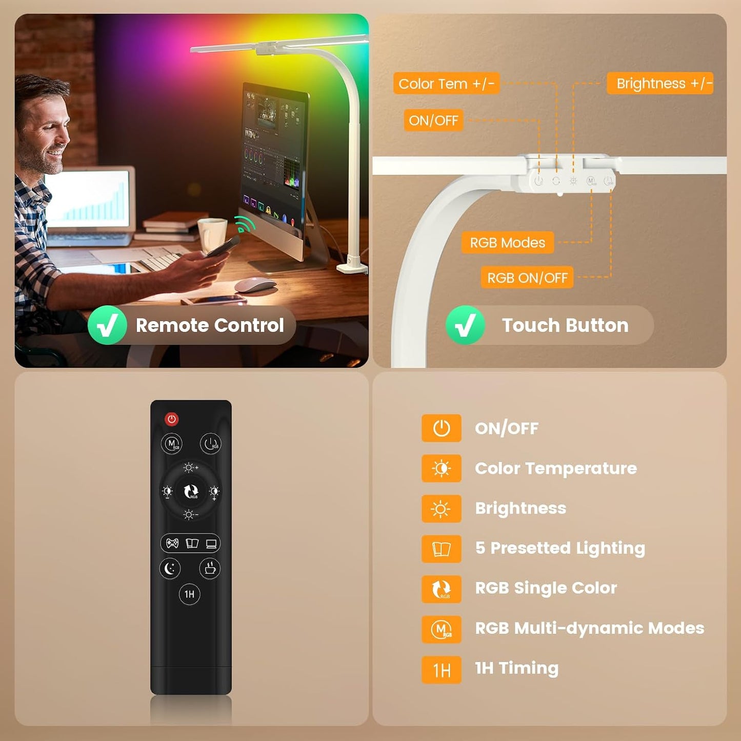 SIBRILLE Upgraded LED Desk Lamp for Home Office with RGB, Rotatable Computer Desk Light with Remote, Tall Table Lamp with Clamp for Working, Dimmable Dual Head Task Lighting for Monitor PC, 22W