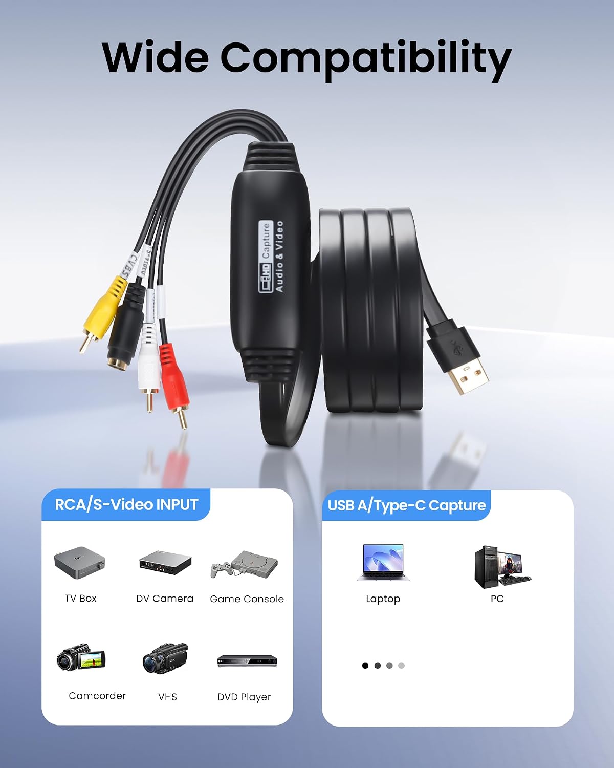 3.3 Feet VHS to Digital Converter, Type-C/USB 2.0 Video Cpture Card | RCA AV to USB Audio Video Converter, 1080 Video Capture Device Convert VHS VCR DVD to Digital Adapter for Windows, Mac OS