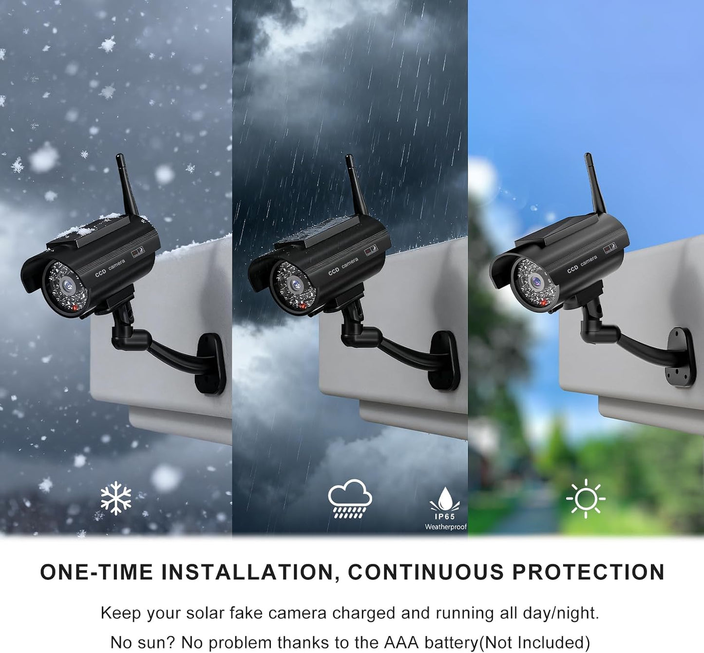 WALI Dummy Fake Camera, Solar Powered Fake Security Camera with LED Light, Simulated Surveillance Security CCTV Dome Cameras with Antenna and Warning Sticker Indoor Outdoor (SOL-TCB2), 2 Packs, Black