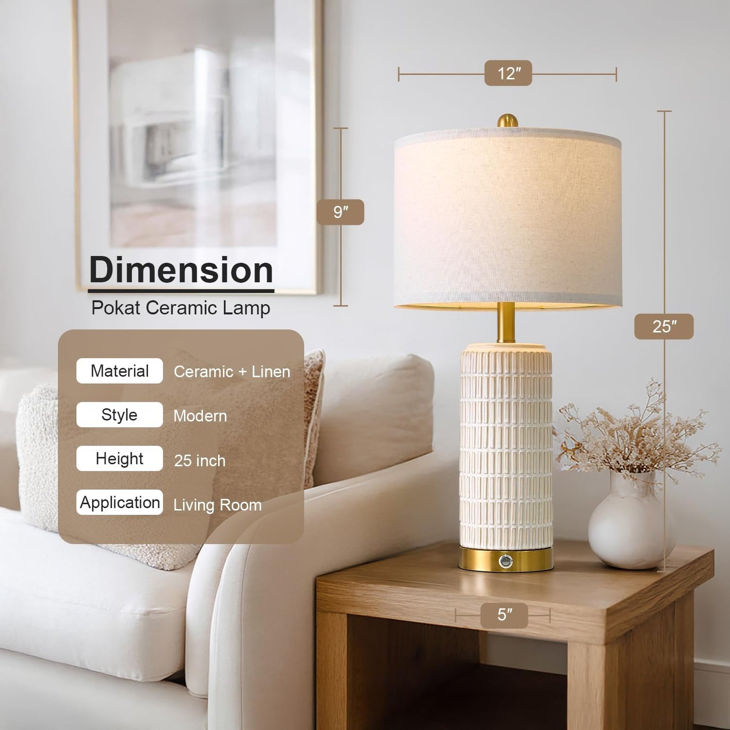 PoKat Touch Bedside Table Lamps with 2 USB for Bedroom Living Room, 25'' | Nightstand lamps Set of 2, 3 way dimmable with 2 bulbs, durable white ceramic, farmhouse & modern style for side table