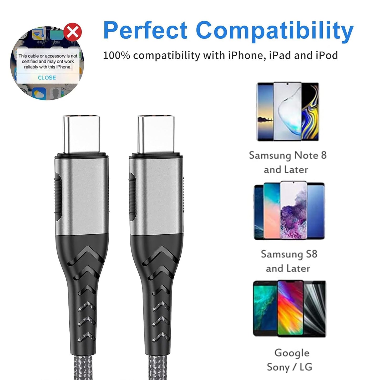 2Pack 10ft USB C Charger Cable - 100W Fast Charging for Android/Phone/Pad, Type C to Type C Compatible with iPhone 17/16/15 Pro Plus Max Silver