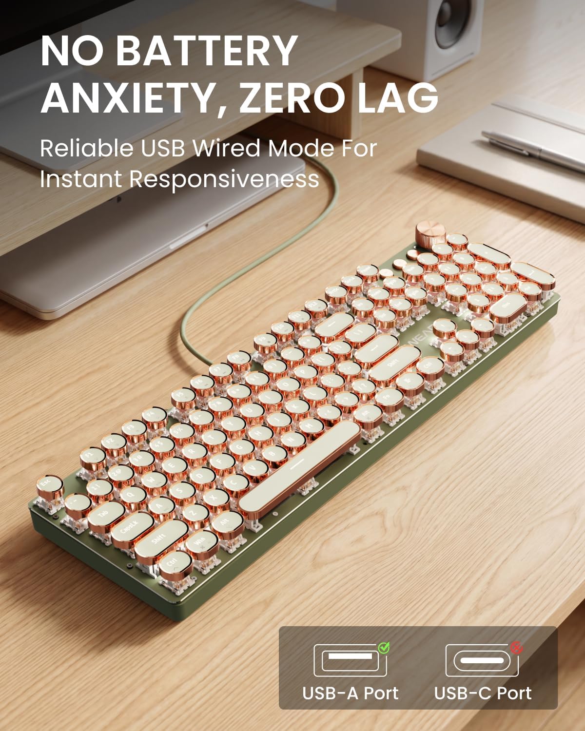 EWEADN Wired Typewriter Mechanical Keyboard, Low Noise Retro Punk Keyboard with Media Knob, White Backlit, Metal Panel, 104-Key Round Keycaps Gaming Keyboard for Windows PC, Pink Switch, Green