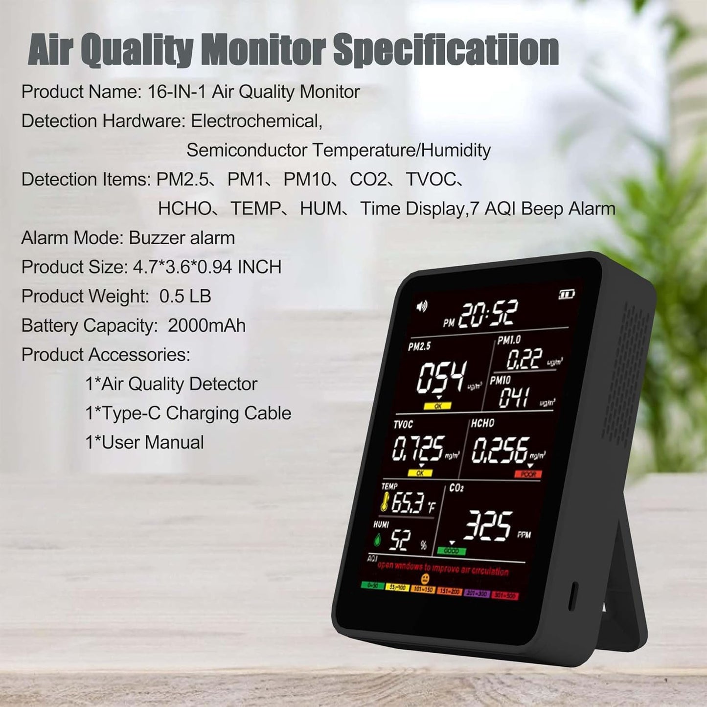16-in-1 Indoor Air Quality Monitor, High-Precision Multi-Parameter Smart Air Quality Tester with HD Real-Time Color Screen, Portable Air Quality Monitor for Home, Office, Cars, School, Bedroom