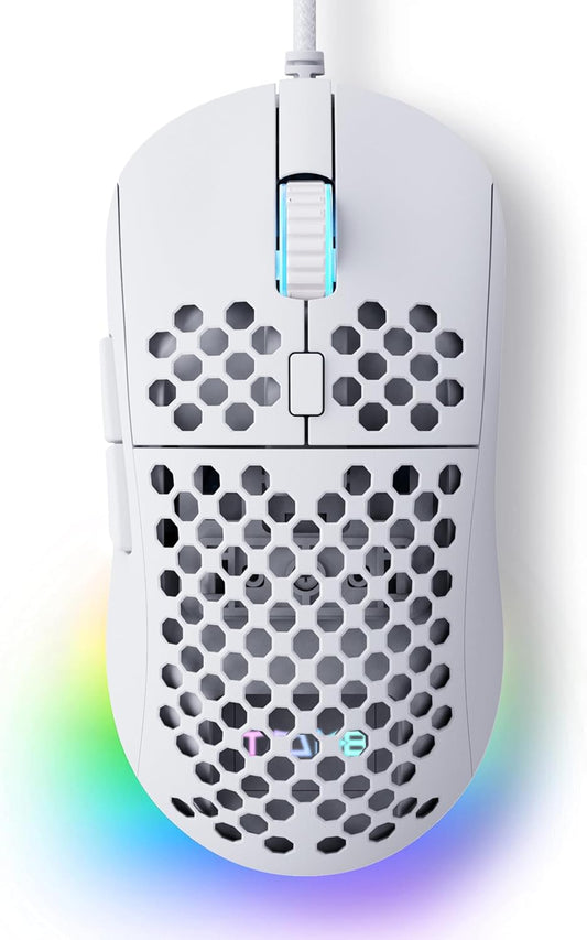TMKB Falcon M1SE White Gaming Mouse, Wired, Lightweight Honeycomb, 12800DPI | High-Precision Optical Sensor, 6 Programmable Buttons, Customizable 16.8M RGB, Ergonomic, Drag-Free Paracord, PTFE Skates