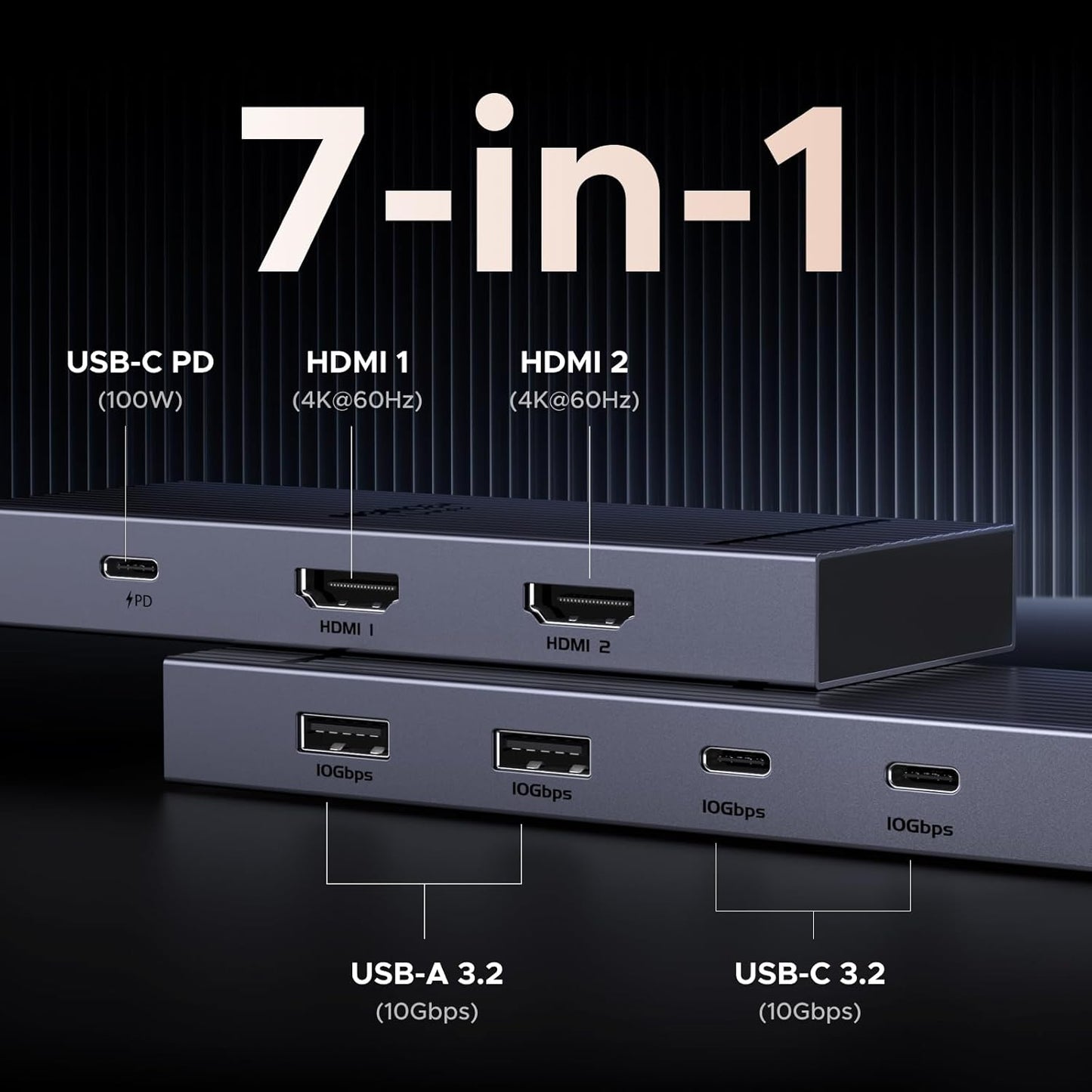 UGREEN USB C Docking Station Dual Monitor, 7-in-1 Aluminum Dock with 2xHDMI | Dual 4K@60Hz, 4x10Gbps USB-A&C Data Ports, 100W PD, Revodok Pro Laptop Docking Station for HP, Thinkpad, Dell and More Laptop