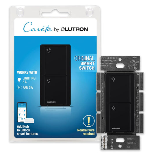 Lutron Caseta Smart Light Switch for Lighting and Fans (Smart Hub Required) | For Caseta systems, smart switch for any bulbs, 6 amp, single-pole/3-way, neutral required, PD-6ANS-BL, Black