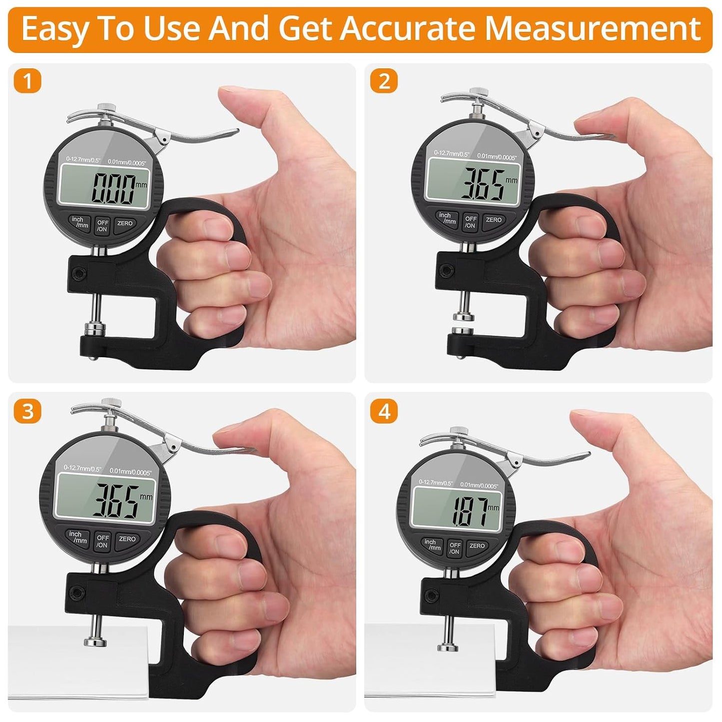 Neoteck Digital Thickness Gauge 0.5inch/12.7mm,0.0005inch/0.01mm Accuracy | with LCD Display, Inch/MM Conversion ,One-Hand Quick Press Thickness Measuring Tool for Leather Paper Fabric Film -Grey
