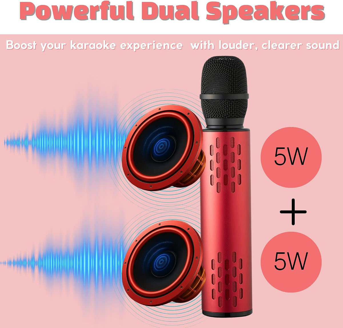Bluetooth 5.3 Wireless Karaoke Microphone, Portable Handheld Mic with 10W Speakers, Clear Vocals & Echo, Home Party Karaoke Machine, Gift for Men (Red)