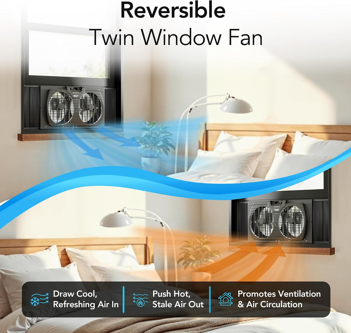 Comfort Zone Window Fan for Bedroom, 9 inch 3 Speed Dual Fans with Auto-Locking Expanders, Window Exhaust Fan, Removeable Bug Screen, Black