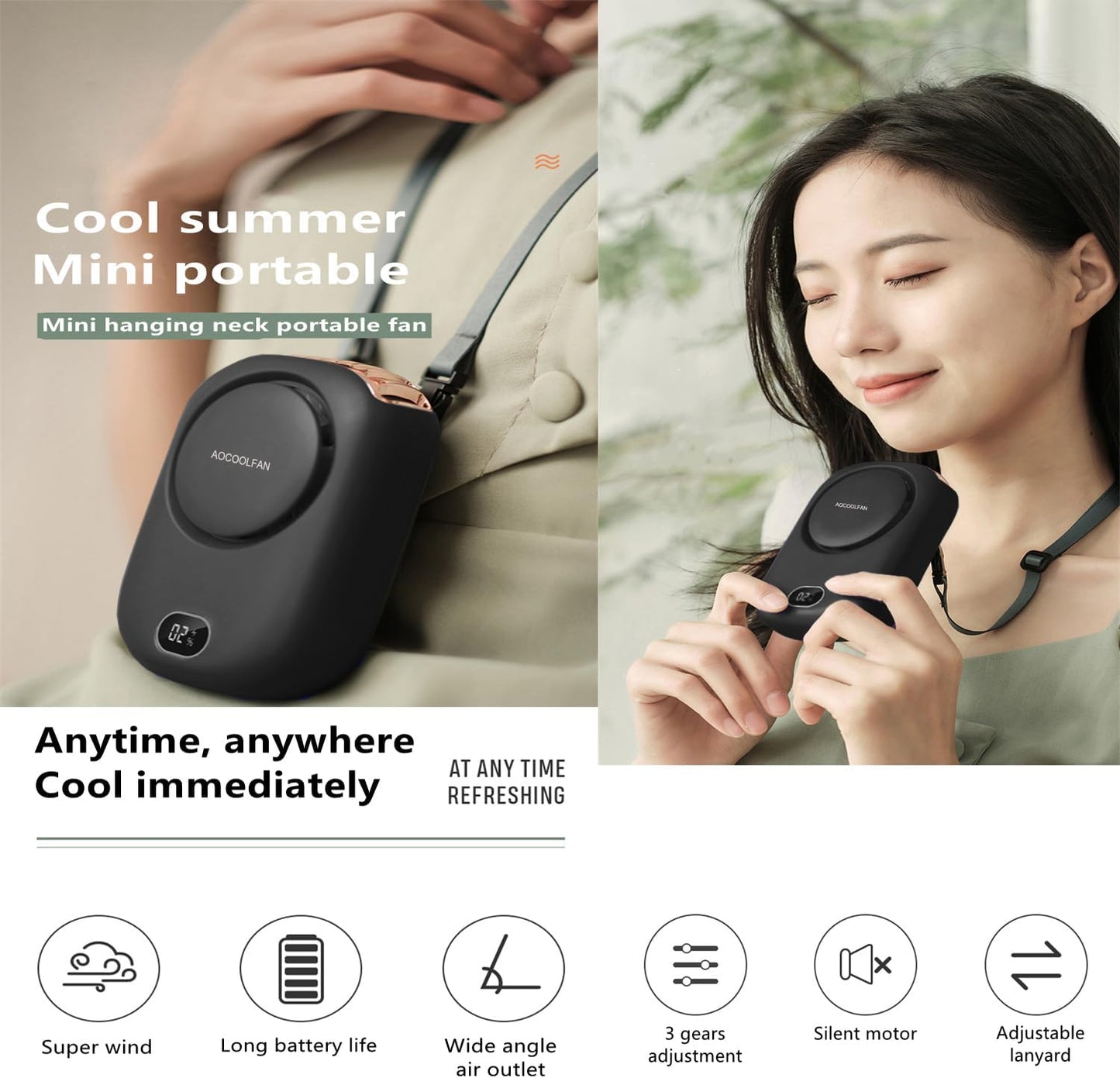 AOCOOLFAN Portable Neck Fan, Mini Small Personal Handheld Fan USB Rechargeable 3 Speed for Girls Boys Woman Eyelash Travel Home Office Outdoor (Black)