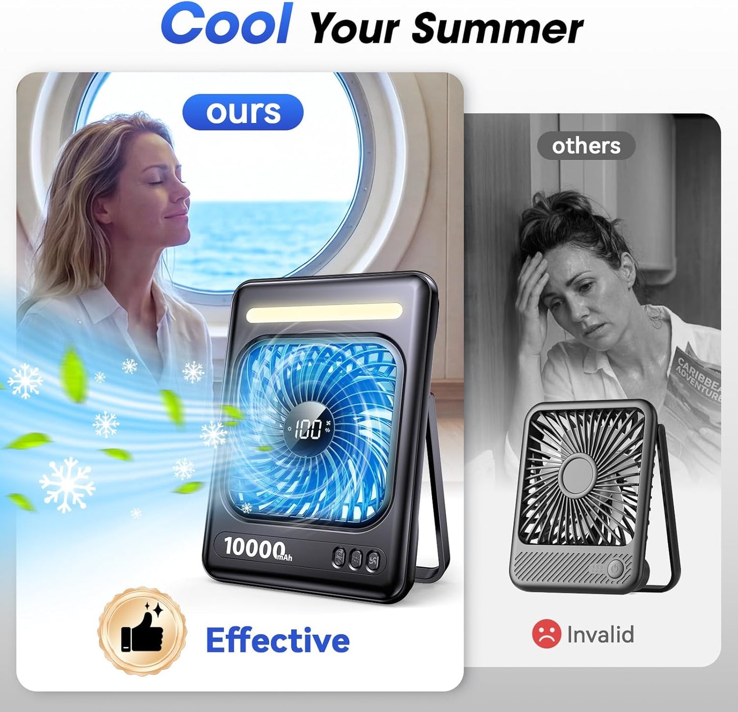 10000mAh Portable Travel Fan, 5 Speeds Strong Wind Cruise Fan with LED Lantern, 24H Runtime Personal Rechargeable Fan, 2/4/6/8H Timer, Ultra-thin Quiet Desk Fan for Camping, Office, Bedroom, Beach