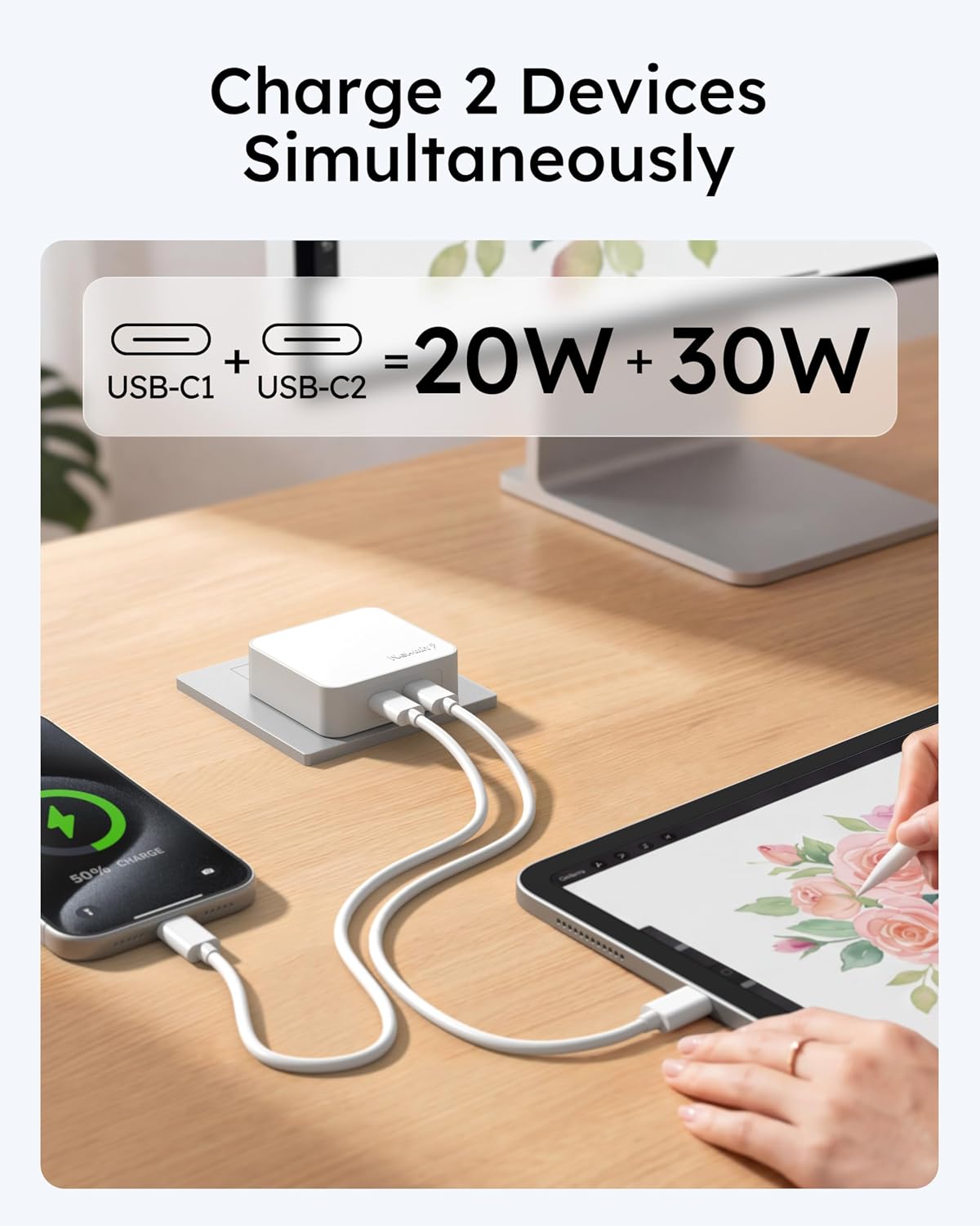 Nekmit Dual USB C Wall Charger, 50W PD PPS Fast USB Charger Block with 2 USB-C Ports, Flat USB Wall Plug Adapter with Fixed Prongs for iPhone 17/16, MacBook Air, iPad and More (White)