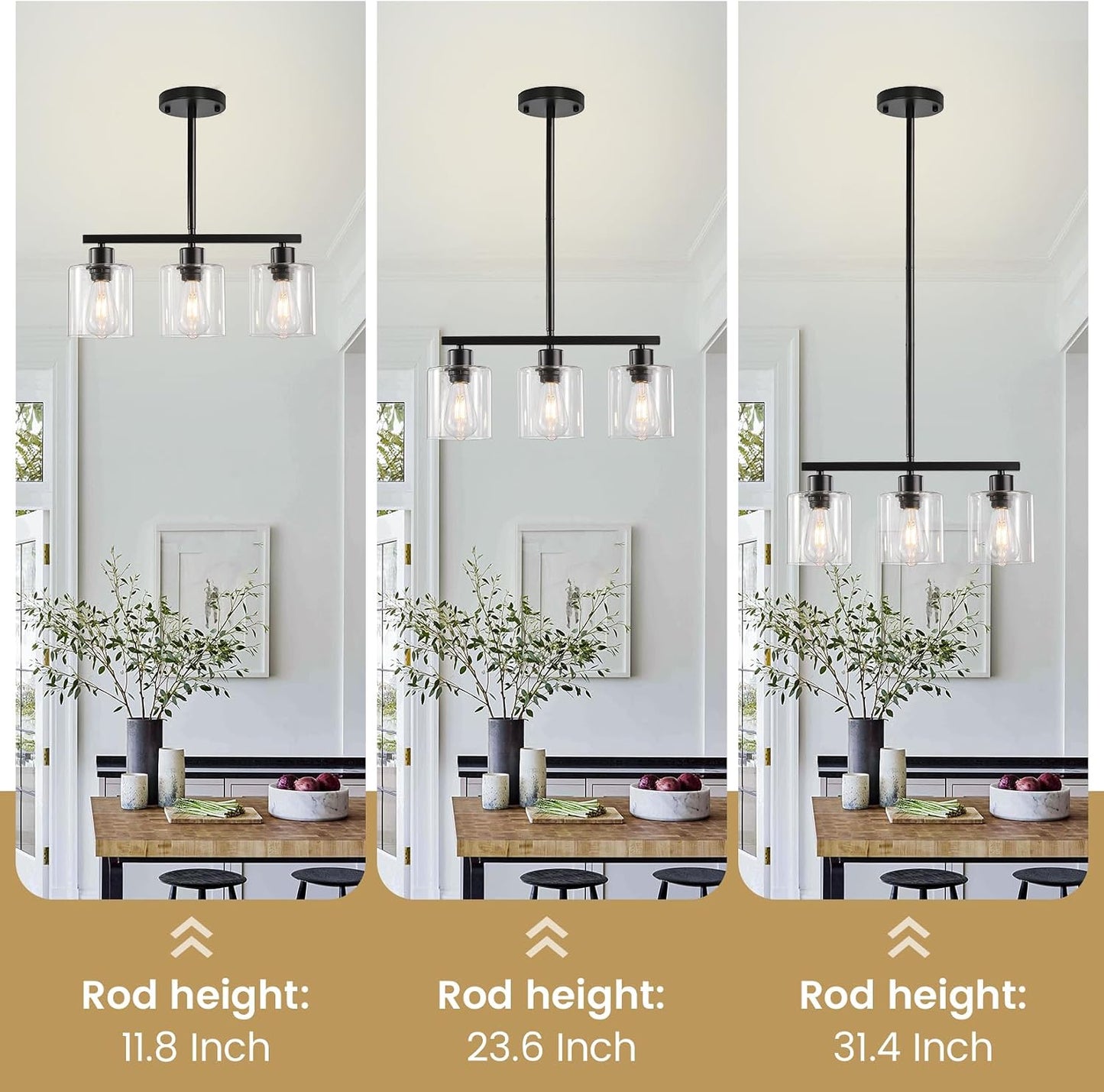 3-Light Kitchen Island Lighting, Black Pendant Light Fixture, Farmhouse Dining Room Light Fixtures Over Table, Modern Hanging Light Fixtures with Clear Glass, E26 Base, Bulbs Not Included