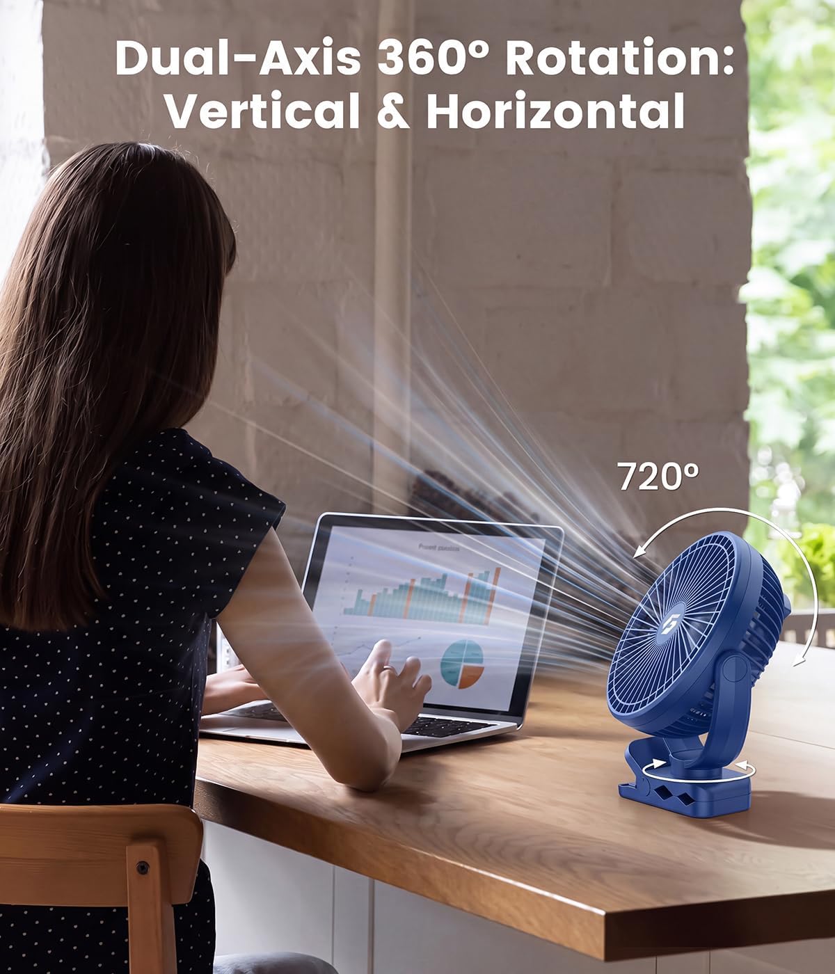 40000mAh Clip on Fan for Golf Cart, Up to 127Hrs Portable Rechargeable Fans | 8-inch Desk Fan with 3 Speeds, 9 LEDs, Timers, Hook, Battery Operated Fan for Office,Desk,Camping,Treadmill,Tent, Dark Blue