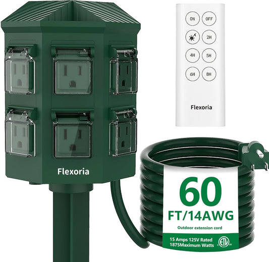 Outdoor Power Stake Timer, Remote Control Dusk to Dawn Light Timer, 60FT Extension Cord Waterproof, 6 Grounded Outlets for Graden and Yard Decorations, ETL Listed