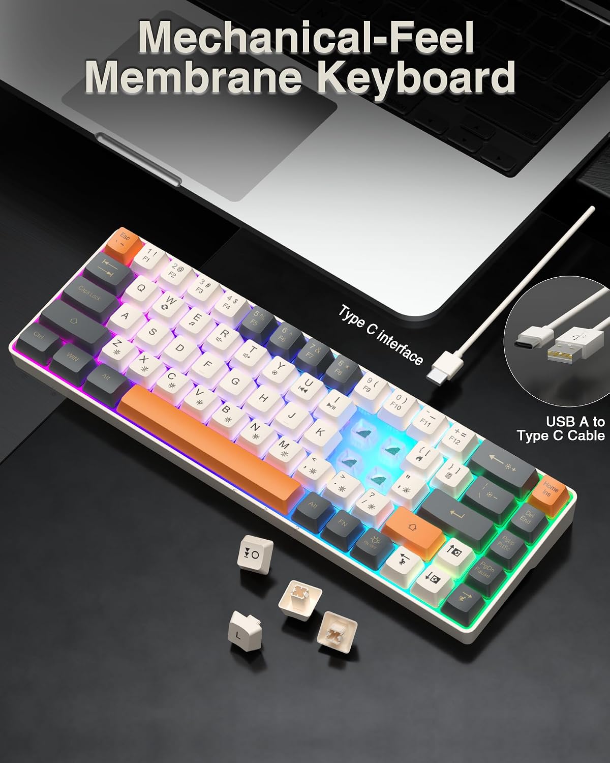 CORBOBO 60 Percent Keyboard,RGB Backlit Gaming Keyboard USB-C Wired,Portable 68 Keys Compact Mini Keyboards for Business Trips,Office,PC Games (SK968,Grey&Orange)
