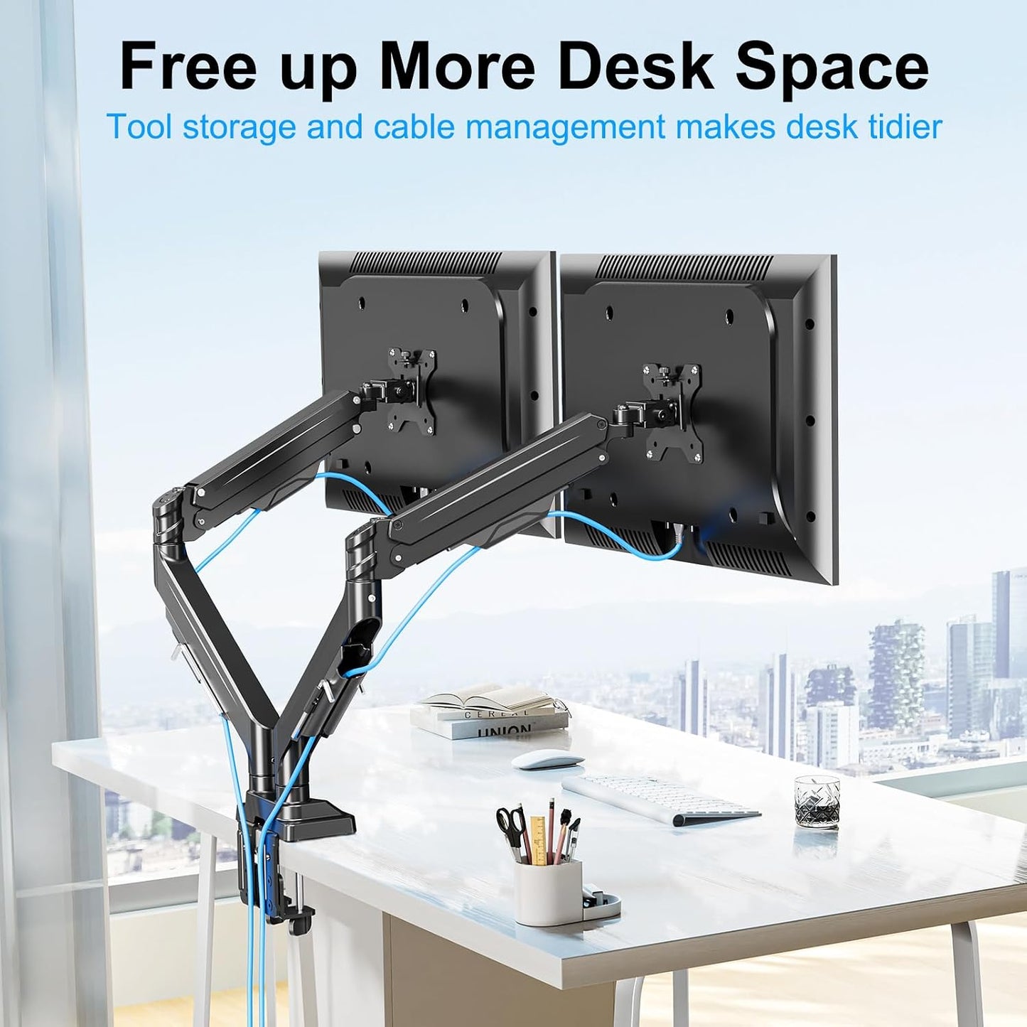 Dual Monitor Mount for Screens up to 43", Heavy Duty Monitor Arm | Ultrawide Desk Mount Holds 2.2-33lbs Each, Premium Gas Spring Adjustable Computer Monitor Arm for 2 Monitors, VESA Mount