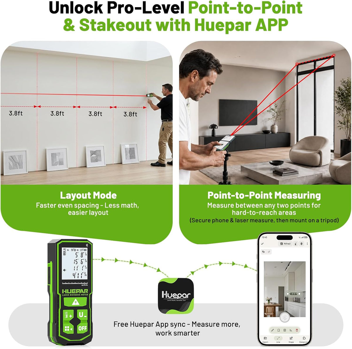 Huepar 200Ft Bluetooth Laser Measuring Tool S60-BT, APP Control, Rechargeable USB-C Laser Distance Meter, ±1/16" High Accuracy, Angle Sensor, IP54, for Distance/Area/Volume, Gifts for Men