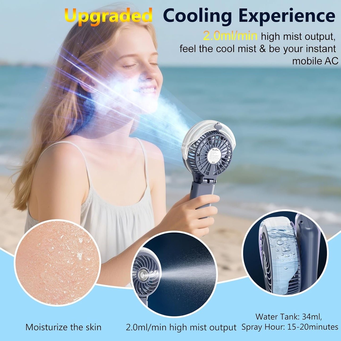 HandFan 5200mAh Upgraded Handheld Misting Fan, Portable Mister Fan Rechargeable, Spray Water Mist Fans, Electric Hand Cooling Ice Fans for Summer Beach Travel Concerts, Gifts for Women(Royal Blue)