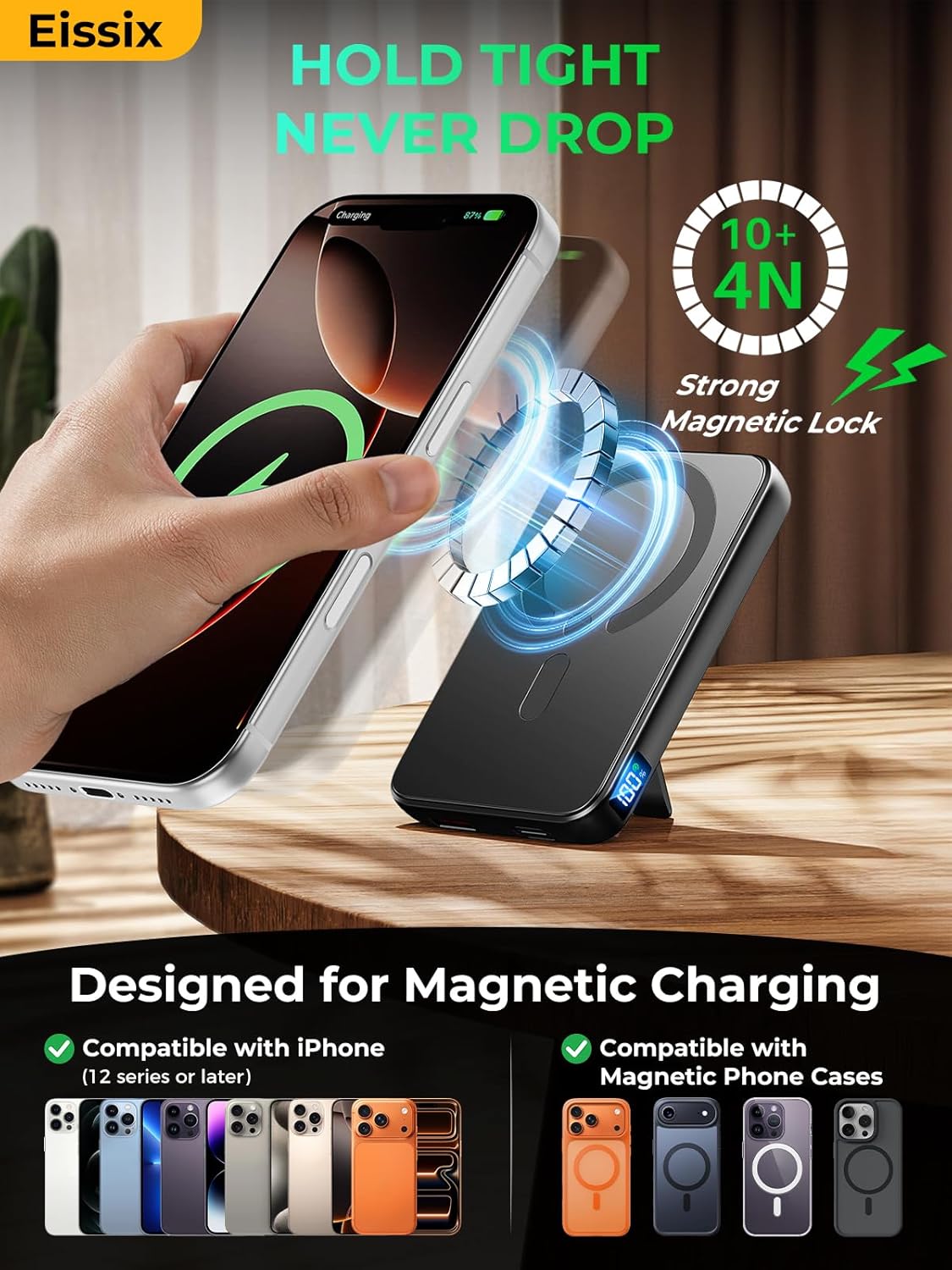 Portable Charger 12000mAh, Foldable Stand, for Magsafe Power Bank | Flight-Safe, 22.5W Fast USB-C & Magnetic Wireless, Power 3 Devices, LED Display, for iPhone 17/16/15/14/13/12, Travel/Cruises
