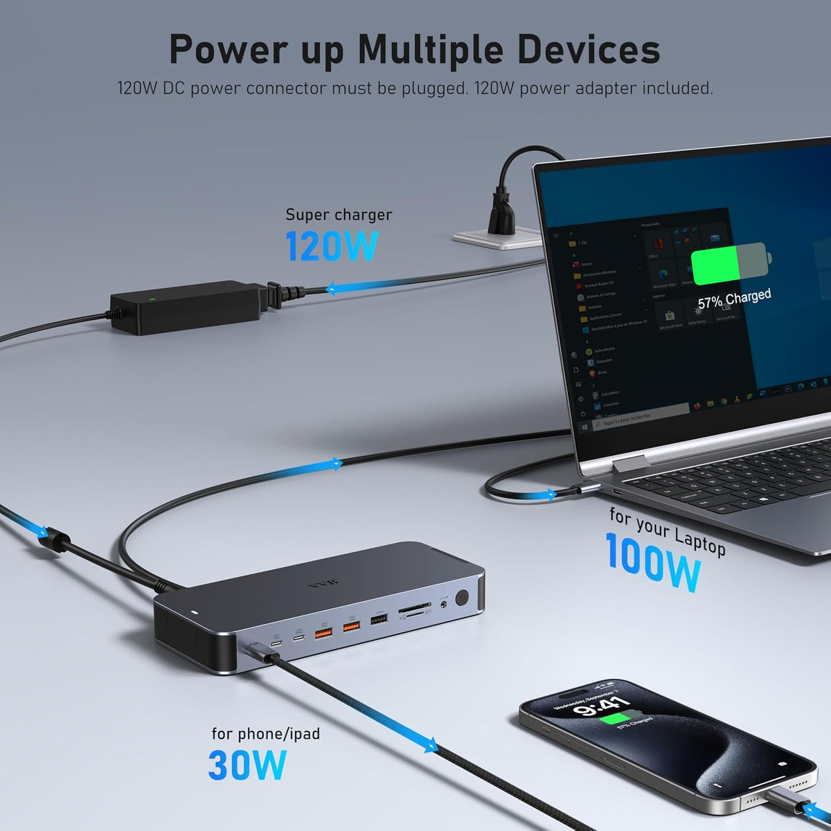 Laptop Docking Station USB C Dock Multiport Hub with 120W Power Adapter