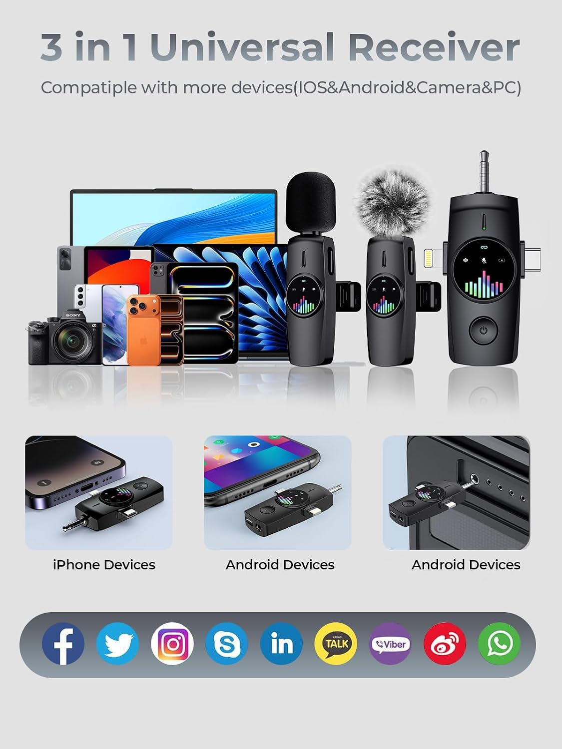3-in-1 Wireless Lavalier Microphone: Mini Microphone 20H Battery, 80ft Range, DSP Noise Cancel - Plug & Play for iPhone Android, Live Streaming, Content Creators Programmes