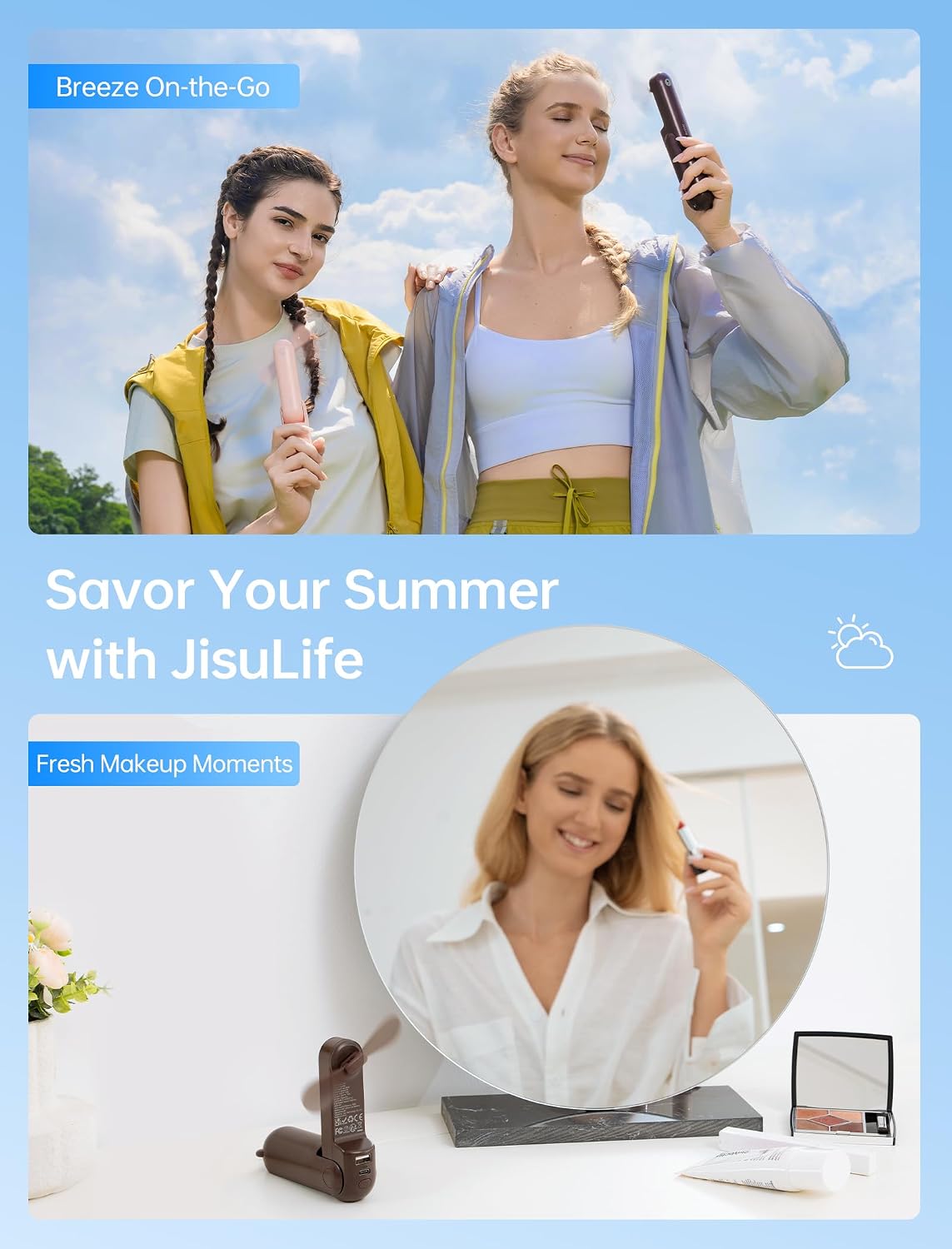 JISULIFE 3 IN 1 Portable Fan with Power Bank & Flashlight Featured | 19H Max Cooling, USB Rechargeable, Pocket-Sized Handheld Fan for Travel, Cruise, Concerts, Makeup, Summer Gifts for Women