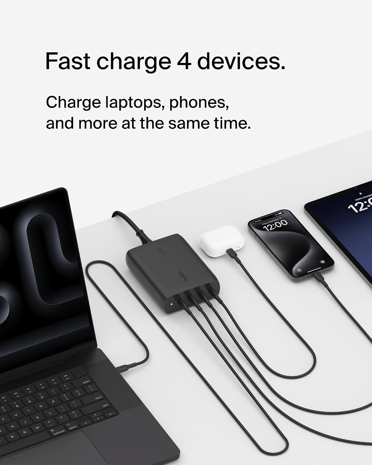 Belkin 200W 4-Port GaN USB C Charger Block, Fast Charging for MacBook | Multi-Port PD 3.1 Charger, 5ft Power Cord, iPhone 17, Air, iPad, Samsung Galaxy S26, Google Pixel 10