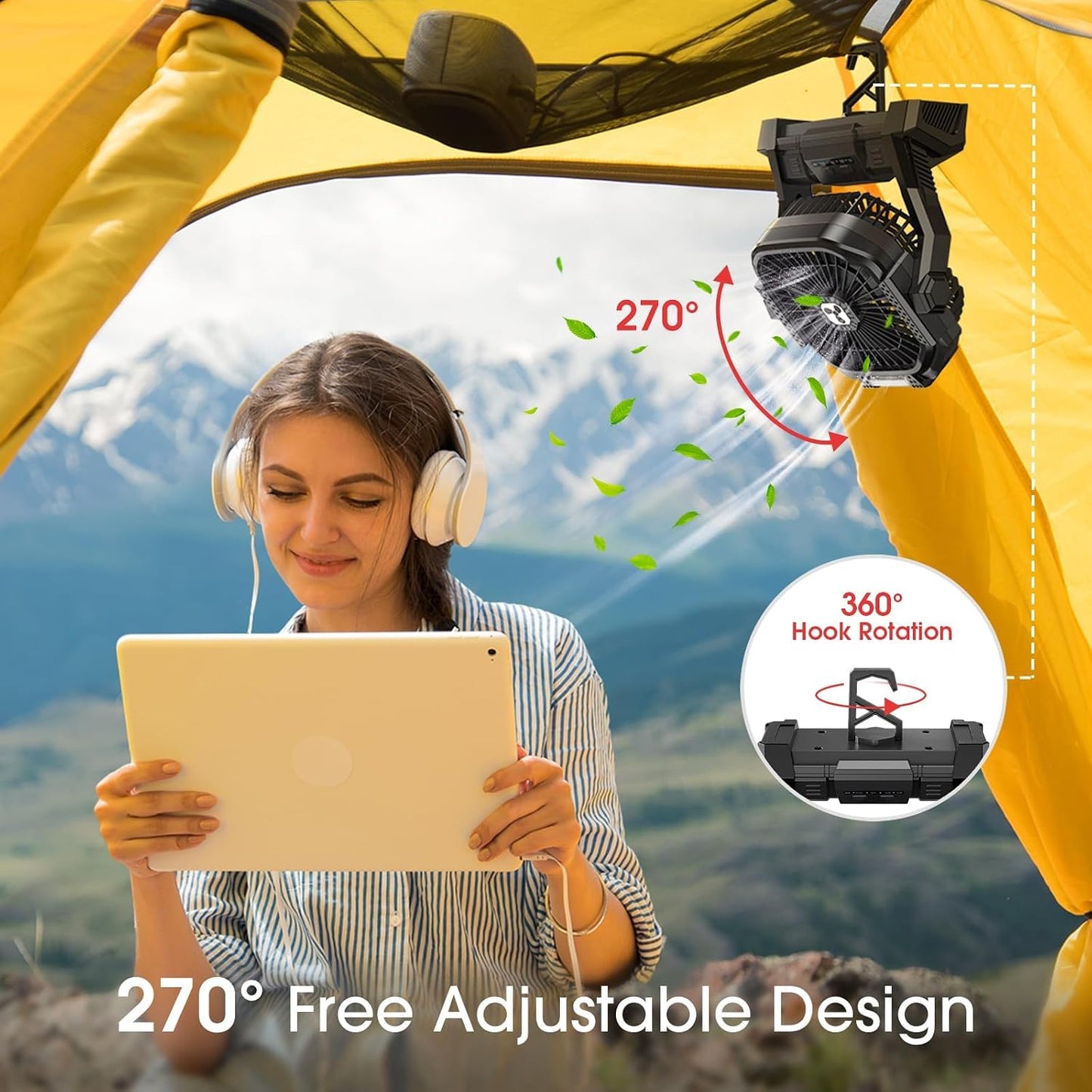 Portable Fan Rechargeable 20000mAh Cordless Battery Powered Camping Fan | with LED Lantern, Small Table Fan, USB Battery Operated Fans for Travel Bedroom Home Camping Tent Office Beach Desk Black