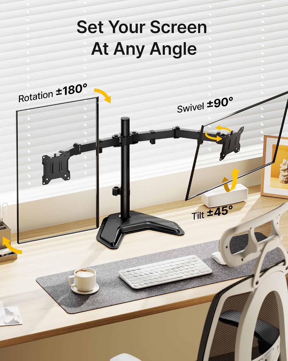 monTEK Freestanding Dual Monitor Stand for 17-32" Screens, 22 lbs Each | Solid V-shaped base, dual-screen full-motion arms, height adjustment, tilt, swivel, rotation and VESA 75/100