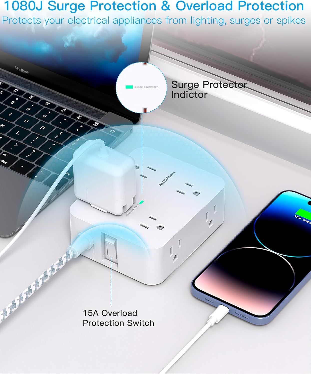 HANYCONY Surge Protector Power Strip, 1080J, 5 Ft Braided Extension Cord | 8 Outlets 4 USB Ports(2 USB C), Outlet Extender, Flat Plug, Wall Mount, Desk Charging Station, Home Office, Dorm Room ETL