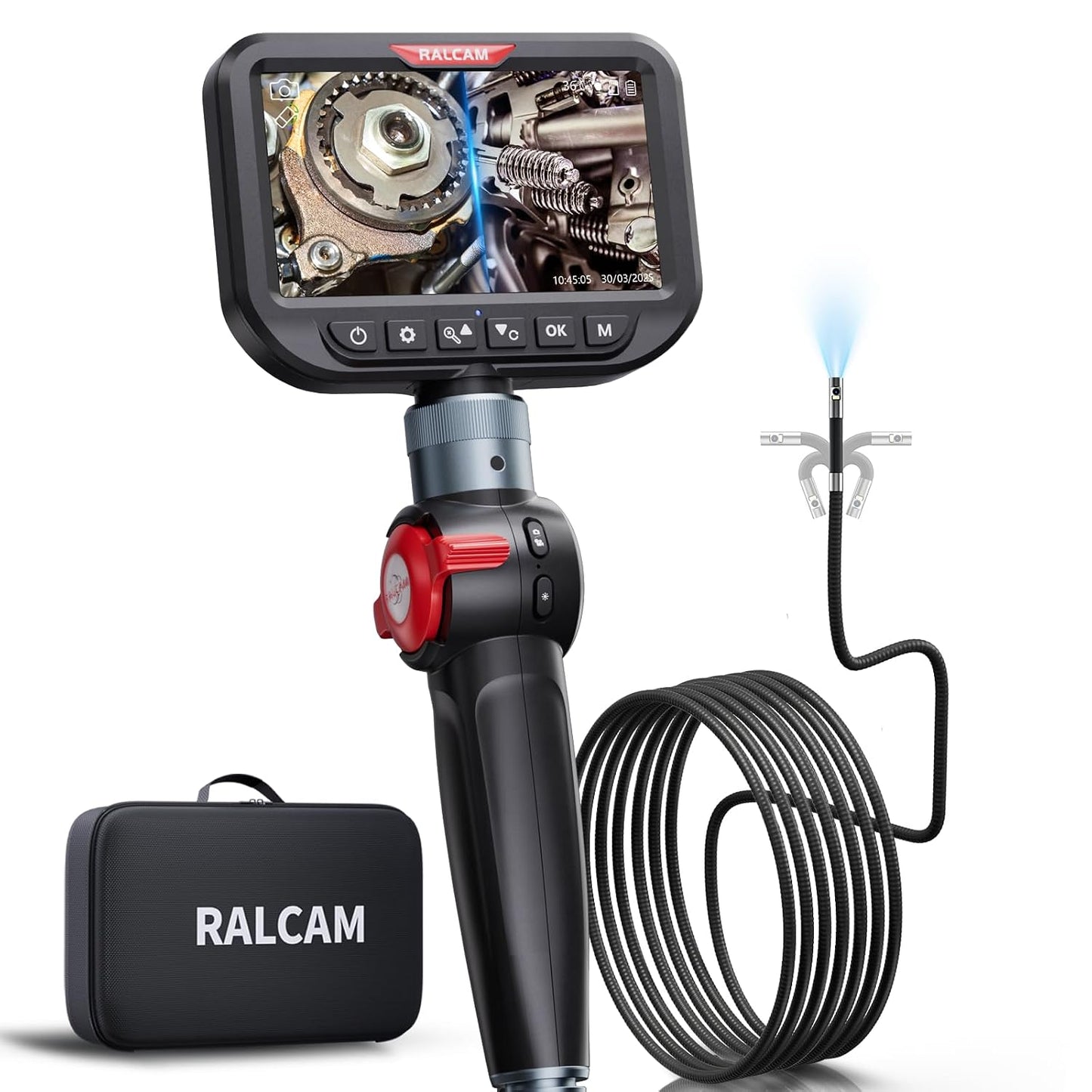 Dual Lens Articulating Borescope Camera with Light, Slim Probe | 5" HD Two-Way Articulated Endoscope Inspection Camera for Automotive, HVAC, Pipes, Wall 8.5mm-10FT Semi-Rigid Cable
