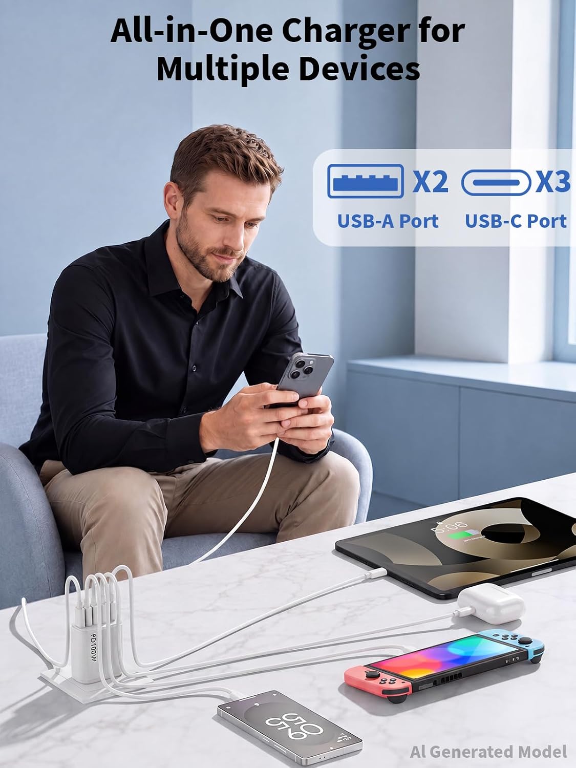 5-in-1 USB C Charger Fast Charging Block,2Pack USB Plug Type-C Wall Adapter