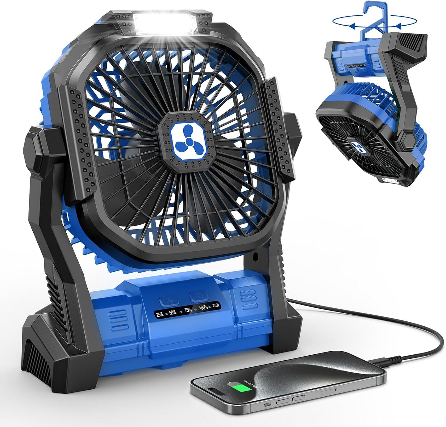 Portable Fan Rechargeable 20000mAh Cordless Battery Powered Camping Fan | with LED Lantern, Small Table Fan, USB Battery Operated Fans for Travel Bedroom Home Camping Tent Office Beach Desk Blue