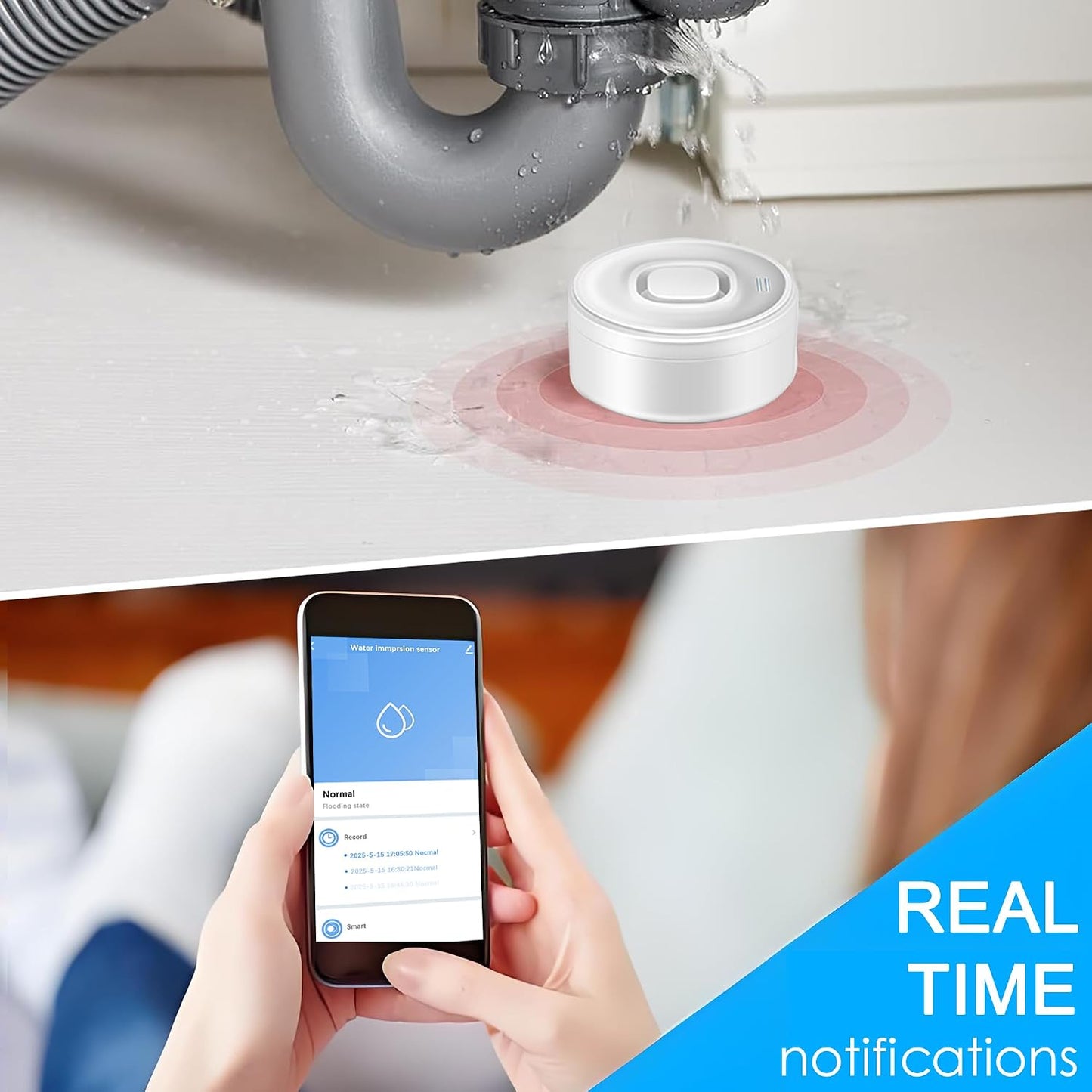 Wi-Fi Water Leak Detector: 100dB Water Sensor Alarm for Basement, Adjustable Alarm and App Alerts, Flood Leakage Detection Devices for Pipe/Drain/Sink/Faucet