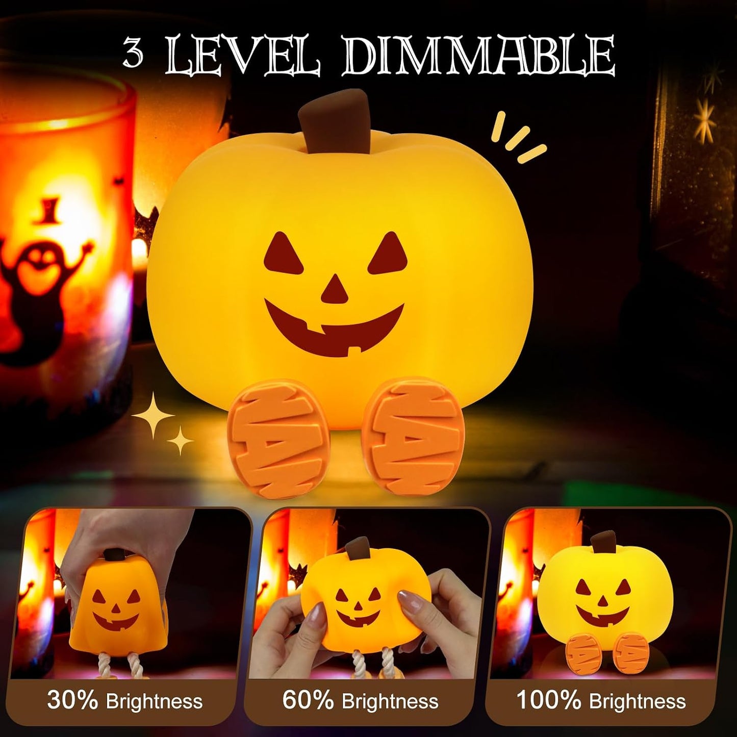 Pumpkin Night Light for Kids Cute Jack O Lantern Halloween Decor Nightlight for Baby Nursery Toddler Squishy Pumpkin Lights Cordless Rechargeable Dimmable Silicone Bedside Lamp Halloween Gifts