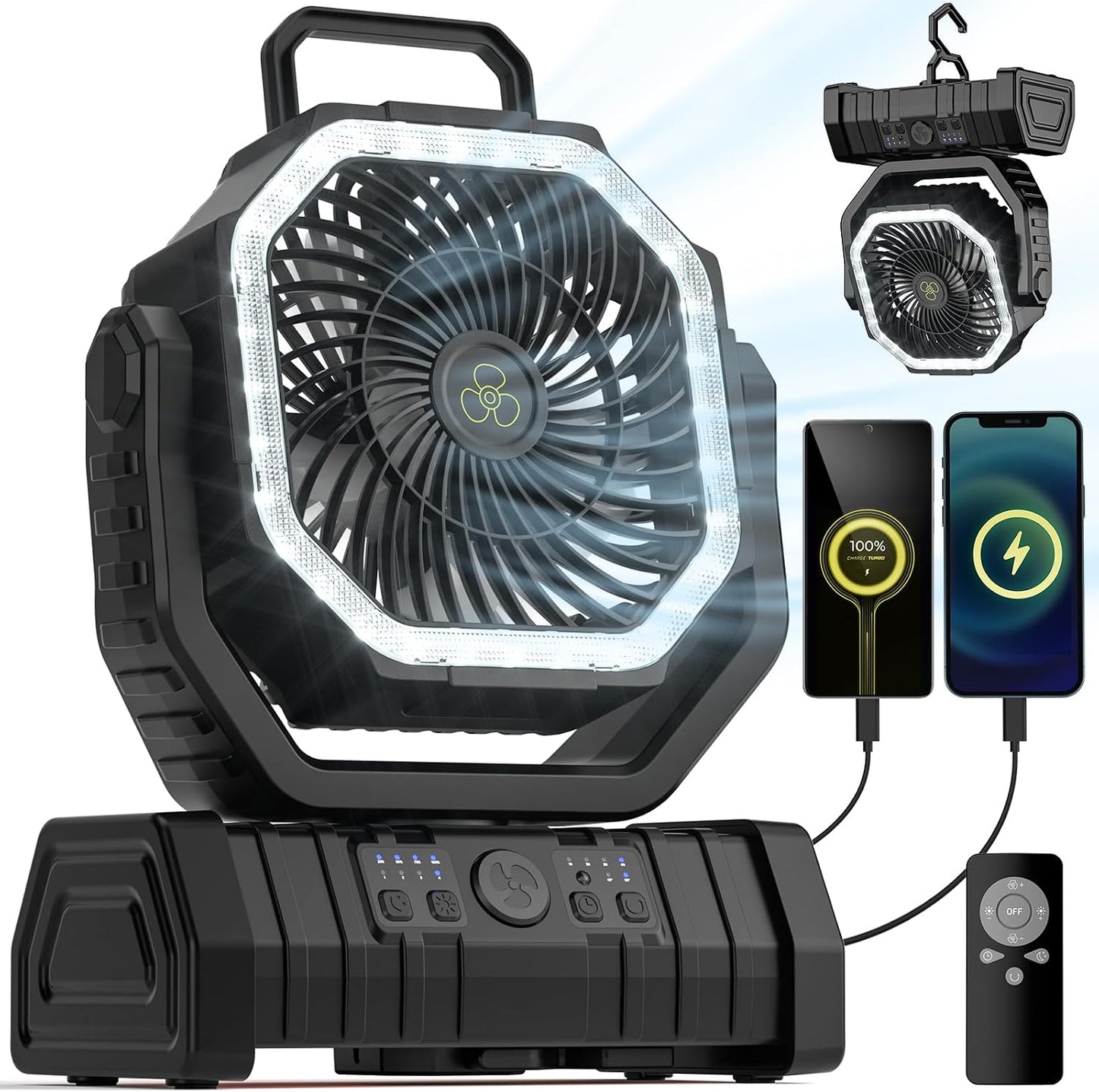 Camping Fan - 20000mAh Battery Powered Fan Rechargeable with LED Lantern - Portable Outdoor Tent Fans with Hanging Hook 4 Speeds Wind Remote Control, Black