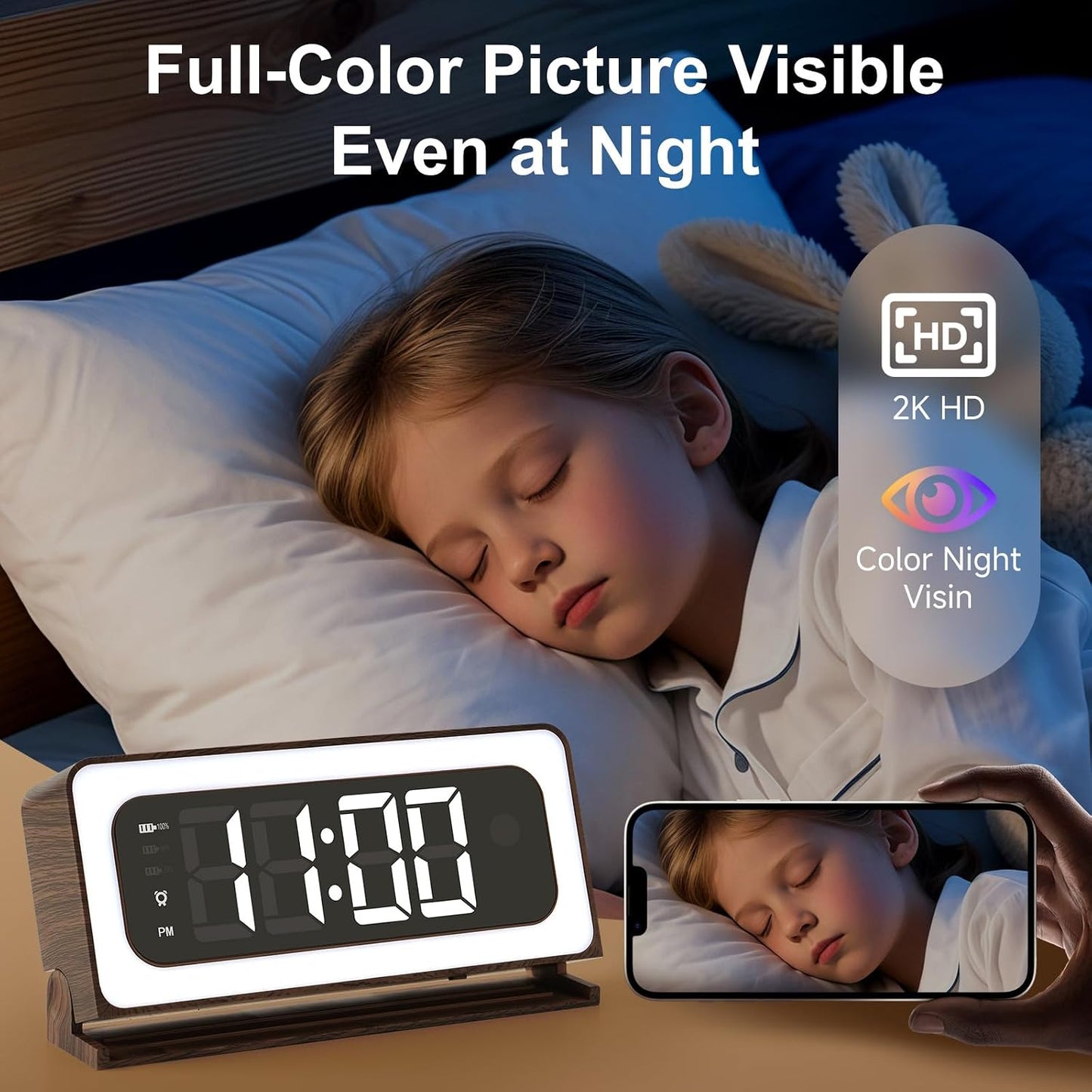 Clock Camera,Wood Grain,5G/2.4GHz WiFi Nanny Cam w/Alarm,2K Indoor Secuirty Camera,Color Night Vision,Dimmable Night Light, AI Human Detection,5200mAh Rechargeable Battery,SD & Cloud Storage,Pet,Baby