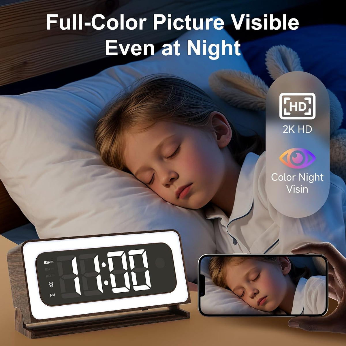 Alarm Clock Camera, Wood Grain,5G & 2.4GHz WiFi Nanny Cam Wireless Indoor Camera,2K Security Camera for Home Baby Pet Monitor, Human Motion Detection Alerts, Color Night Vision